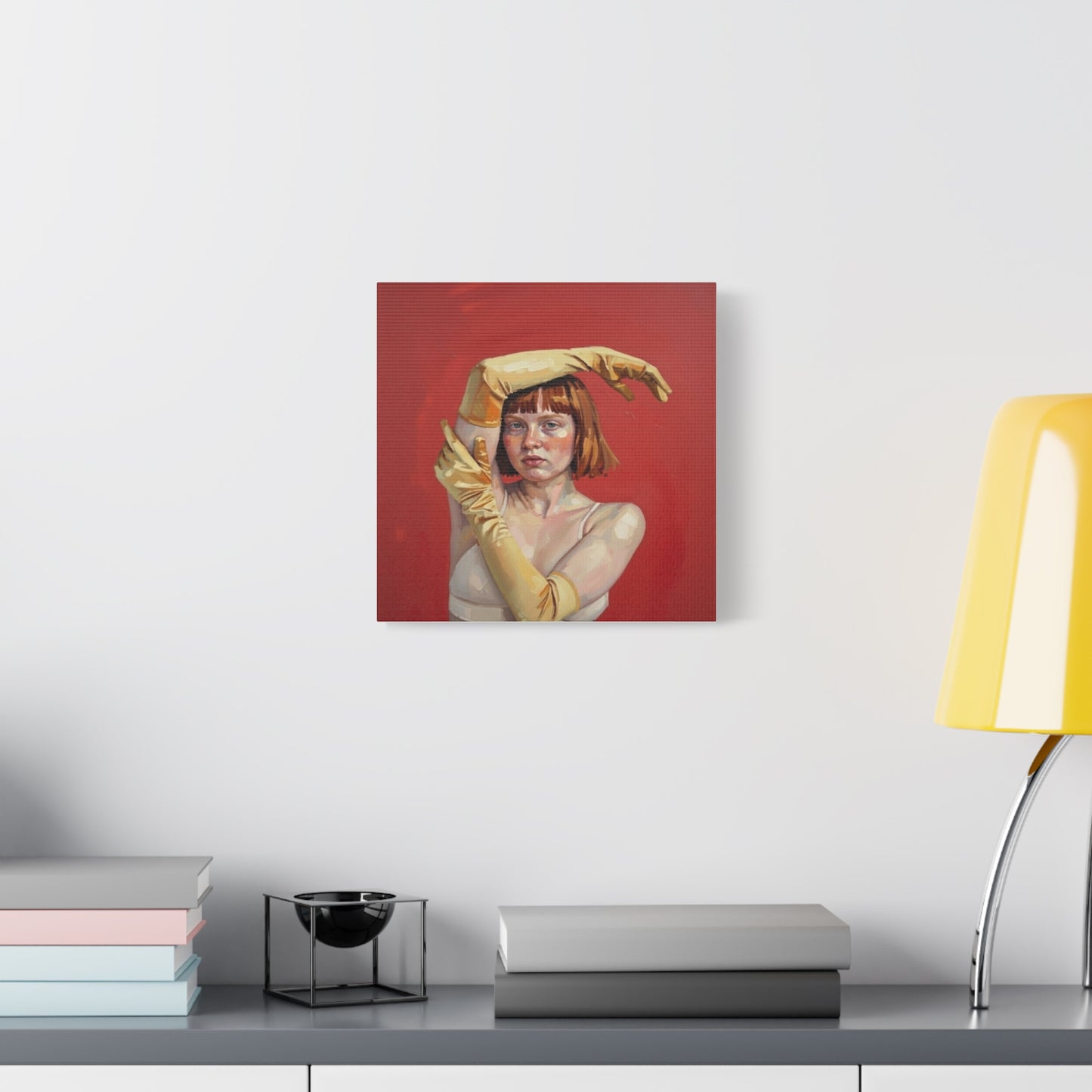 Figurative Portrait Canvas — Woman with Yellow Gloves on Red Background