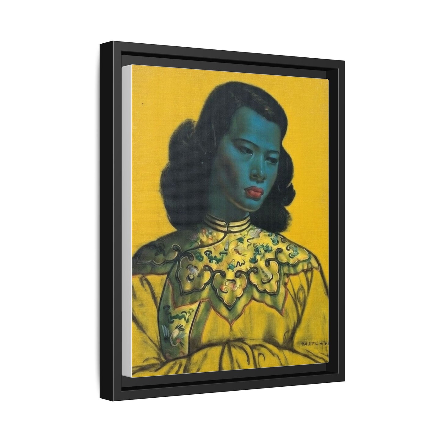 Framed Matte Canvas Art Print — Vintage Portrait with Yellow Background