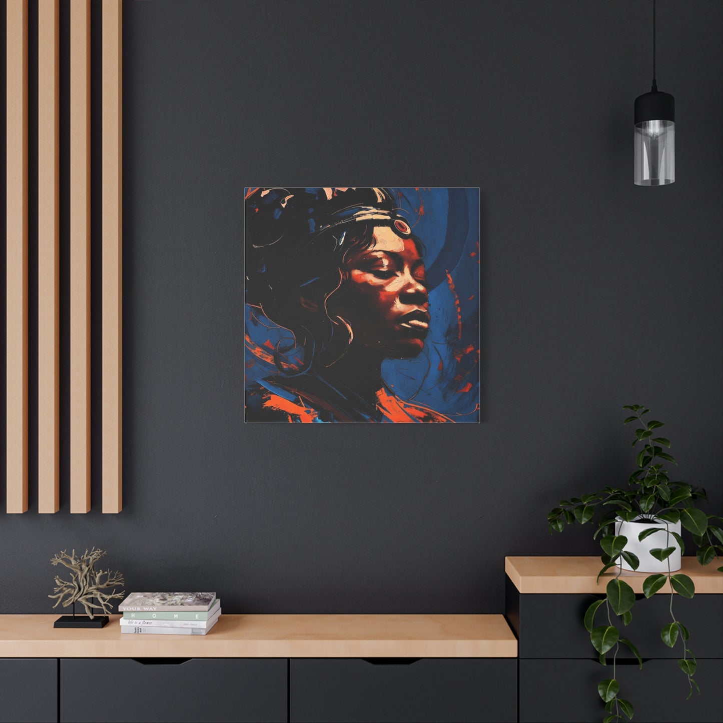 Regal Afrocentric Portrait Matte Canvas Art – Vibrant Blue & Orange Stretched Wall Decor
