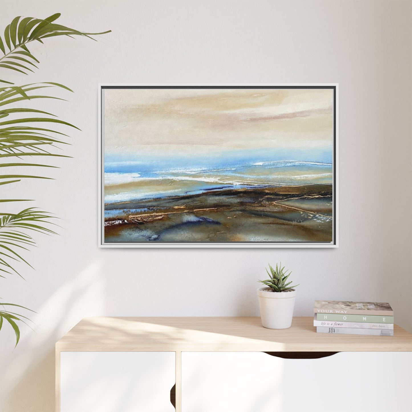 Framed Abstract Seascape Matte Canvas — Coastal Blue & Earth Tone Wall Art