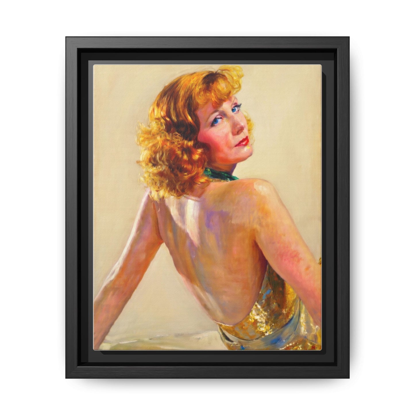 Framed Matte Canvas Print — Vintage Portrait of Redhead Greta Garbo in Gold Dress