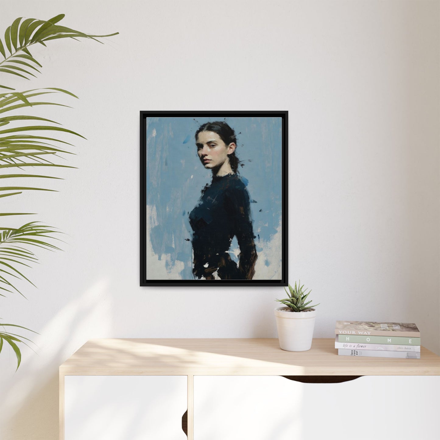 Framed Matte Canvas Portrait Print — Elegant Blue Woman Art