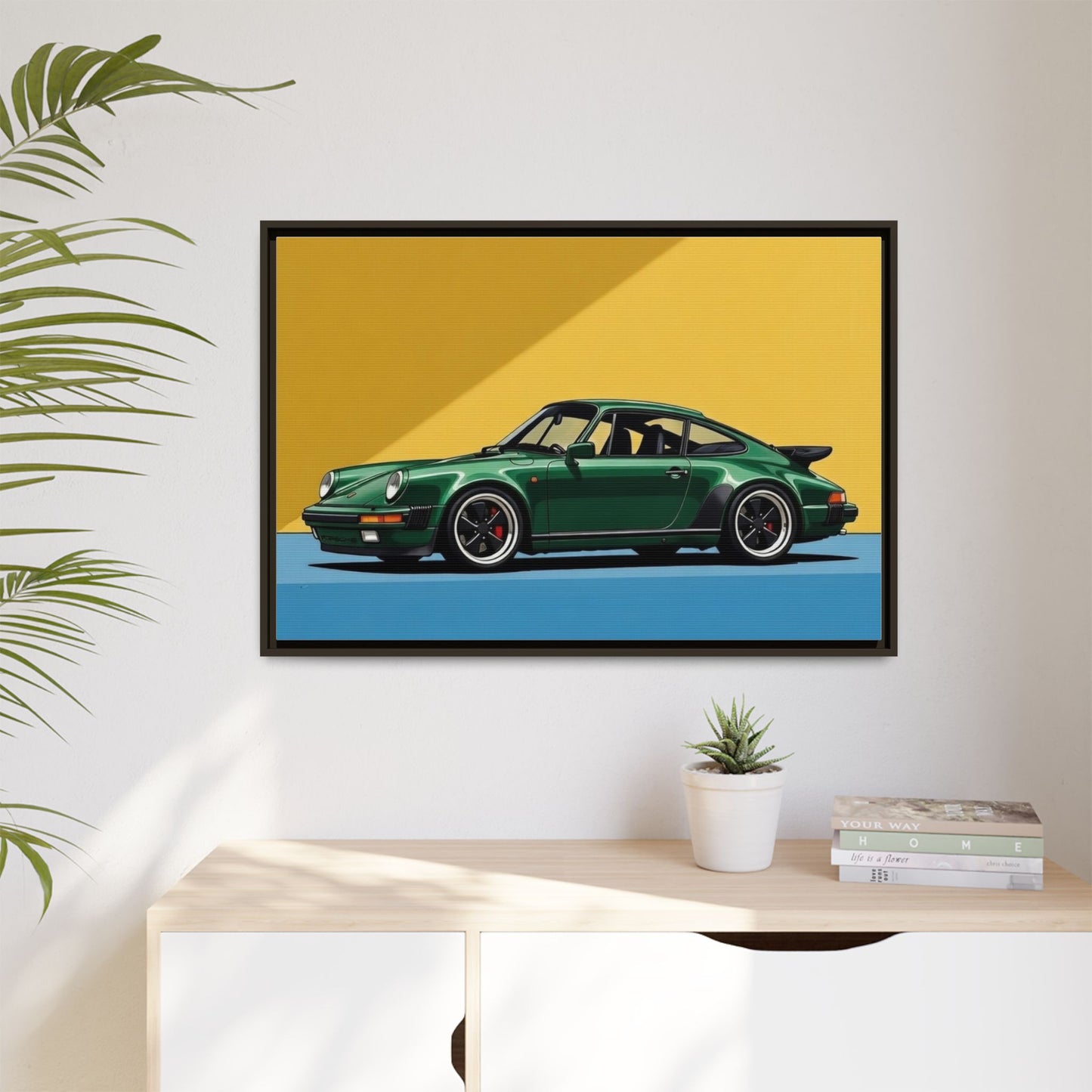 Framed Matte Canvas — Green Sports Car Wall Art