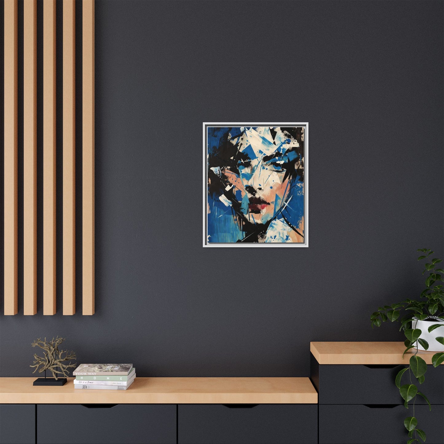 Abstract Portrait Matte Canvas Framed Wall Art — Blue Mixed-Media Face Print