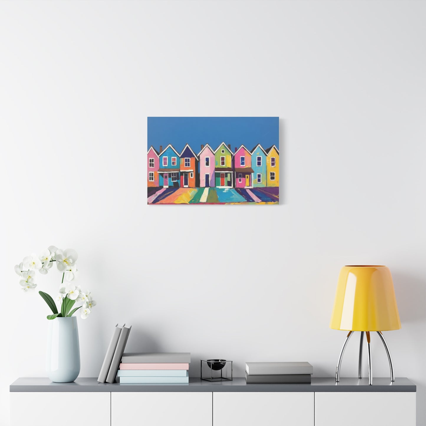Colorful Row Houses Matte Canvas Print Vibrant Coastal Neighborhood Wall Art