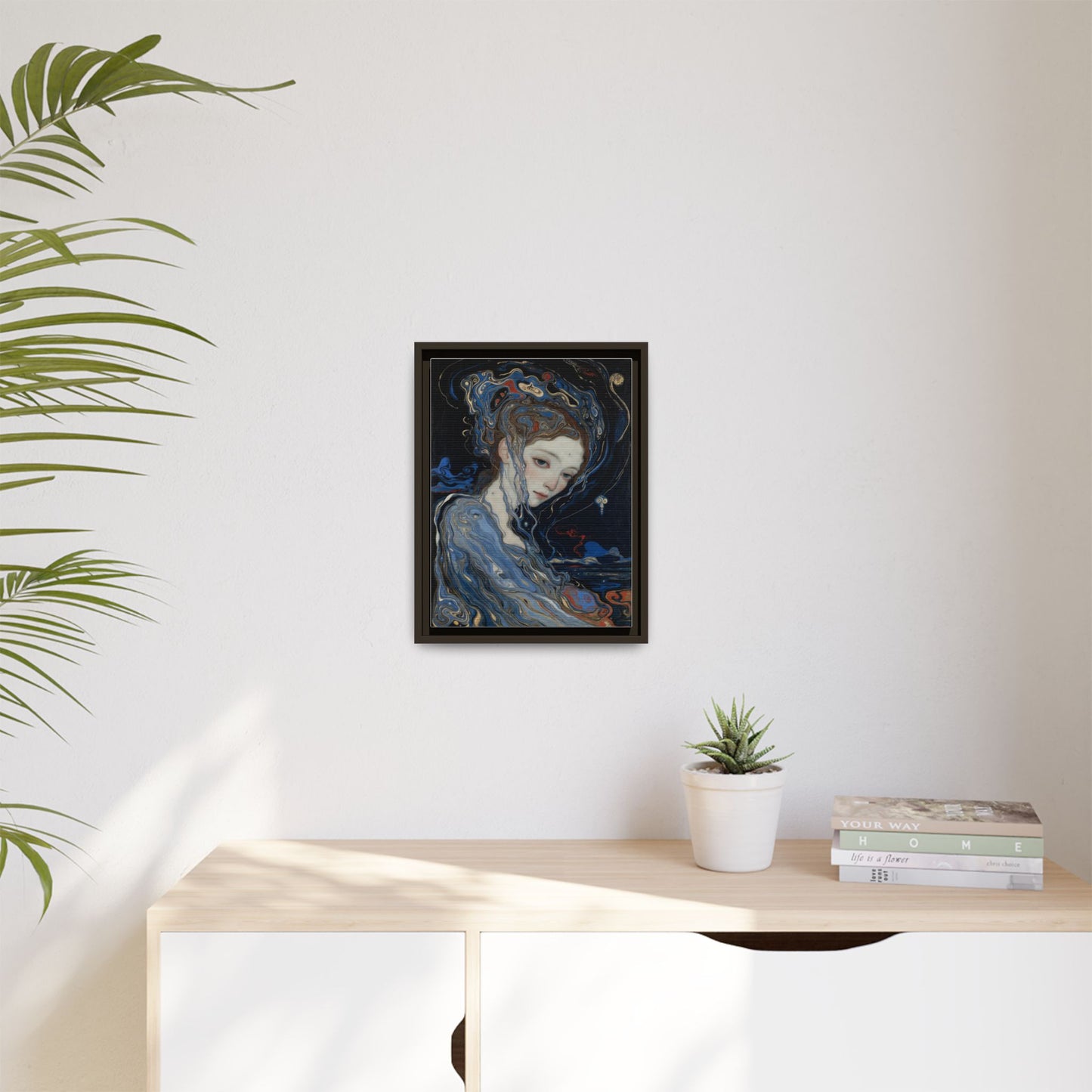Framed Matte Canvas Art Print — Surreal Blue Maiden Portrait