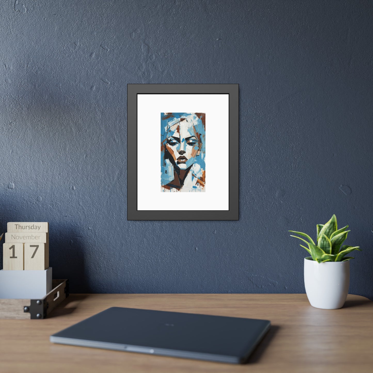Framed Art Print - Abstract Blue Portrait Poster (Modern Wall Decor)