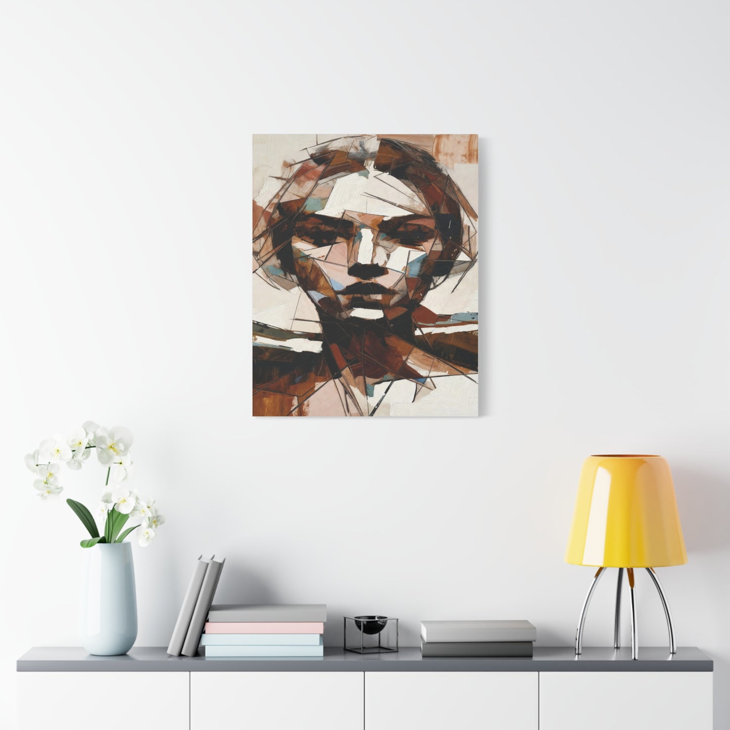 Abstract Geometric Portrait Canvas Print — Modern Brown & Teal Wall Art