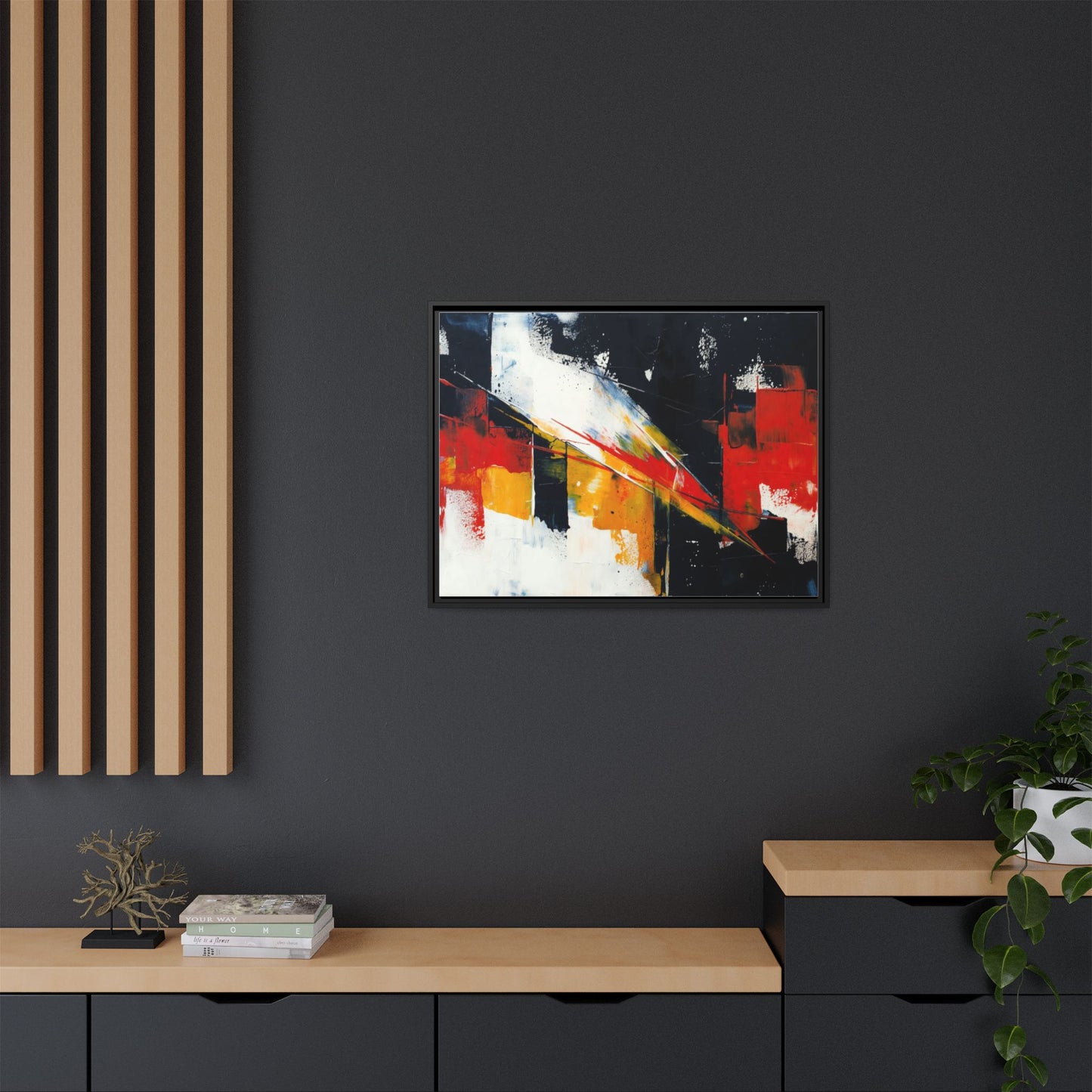 Abstract Red & Black Framed Canvas Print — Modern Geometric Wall Art
