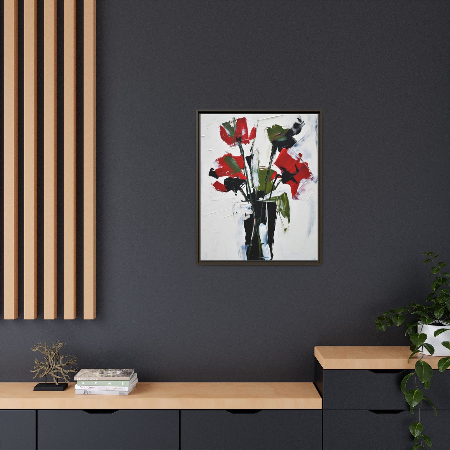 Framed Abstract Floral Canvas Print — Red Poppies in Black Vase