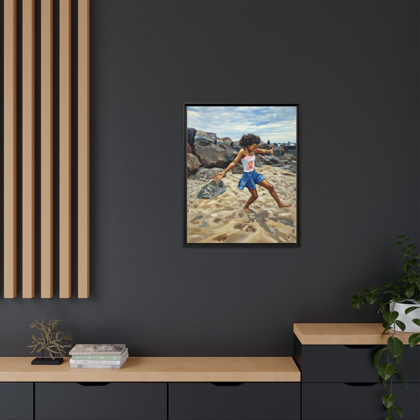Framed Canvas Art - Girl Dancing on the Beach (Matte Multi-Color)