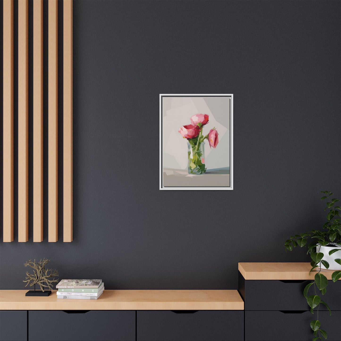Framed Canvas Art — Pink Roses in Vase, Modern Floral Wall Print