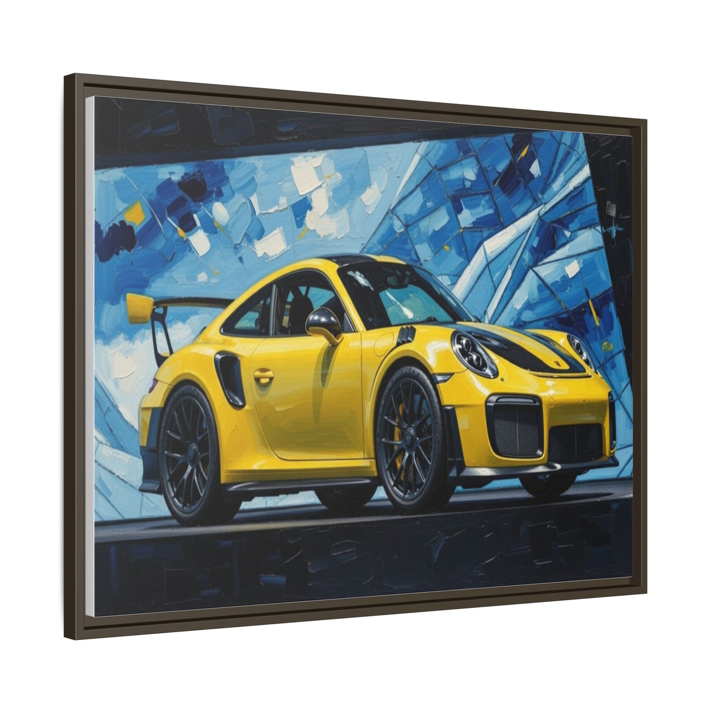 Yellow Porsche Sports Car Matte Framed Canvas – Modern Automotive Wall Art