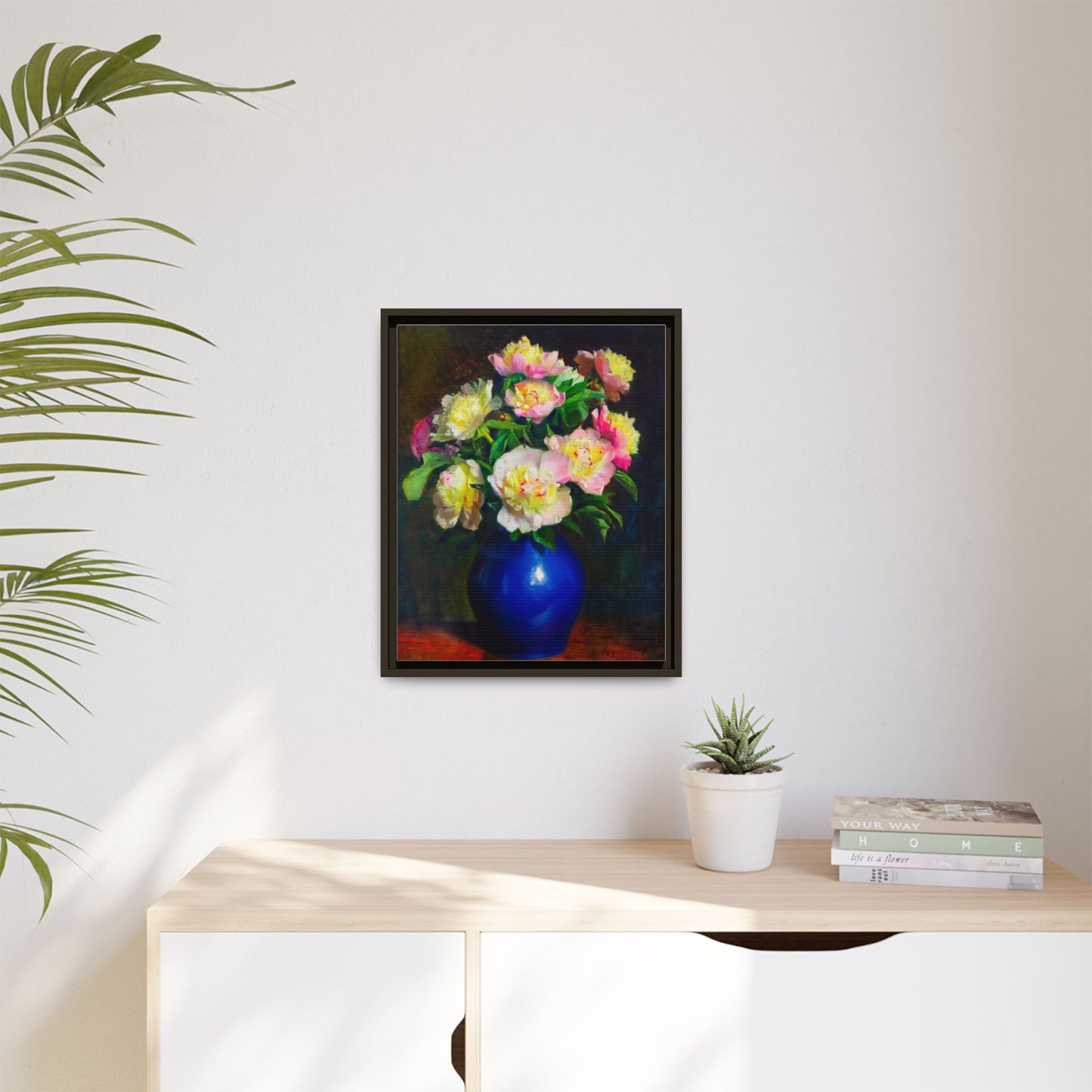 Framed Matte Canvas Wall Art — Vintage Floral Bouquet in Blue Vase