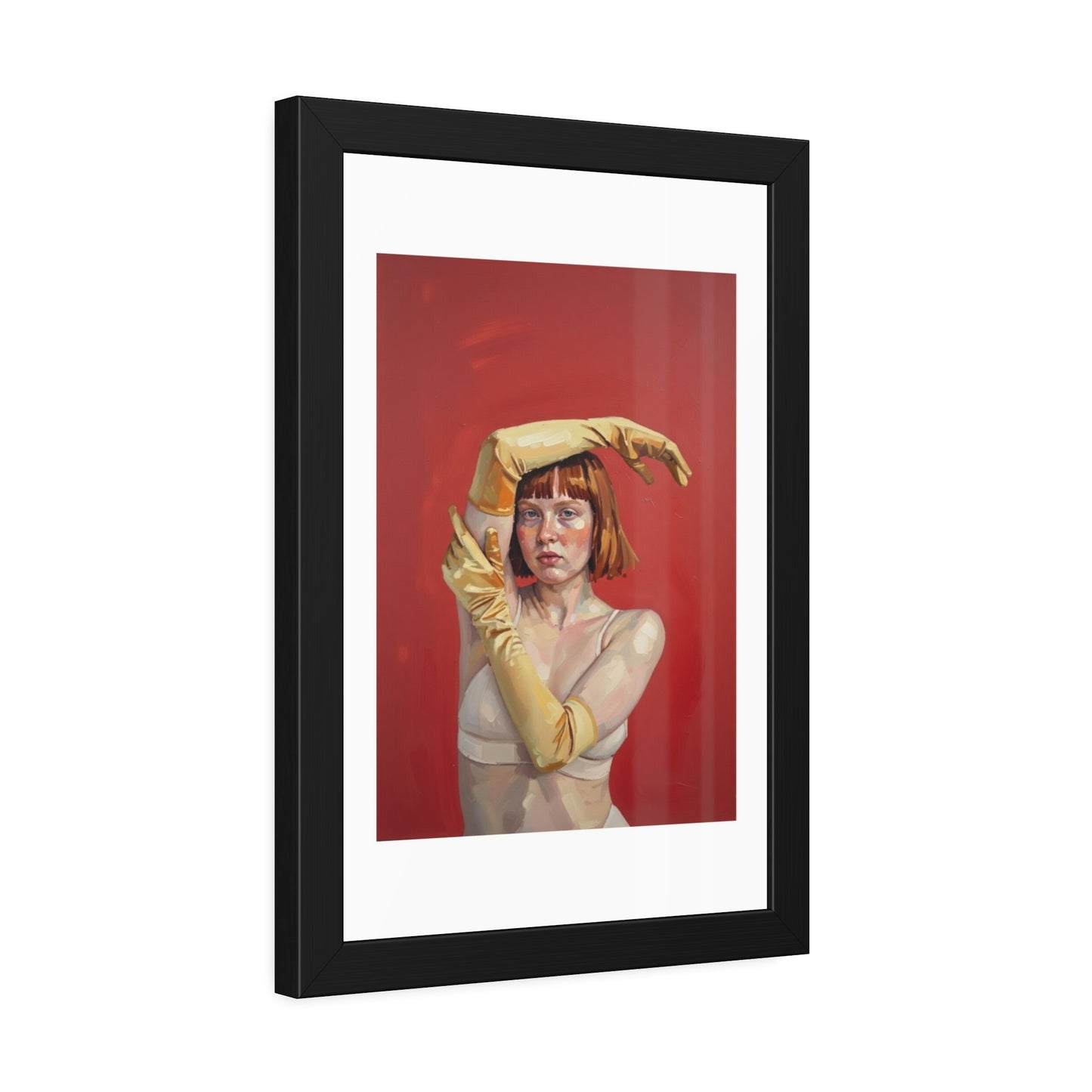 Framed Art Print — Retro Portrait with Yellow Gloves on Red Background