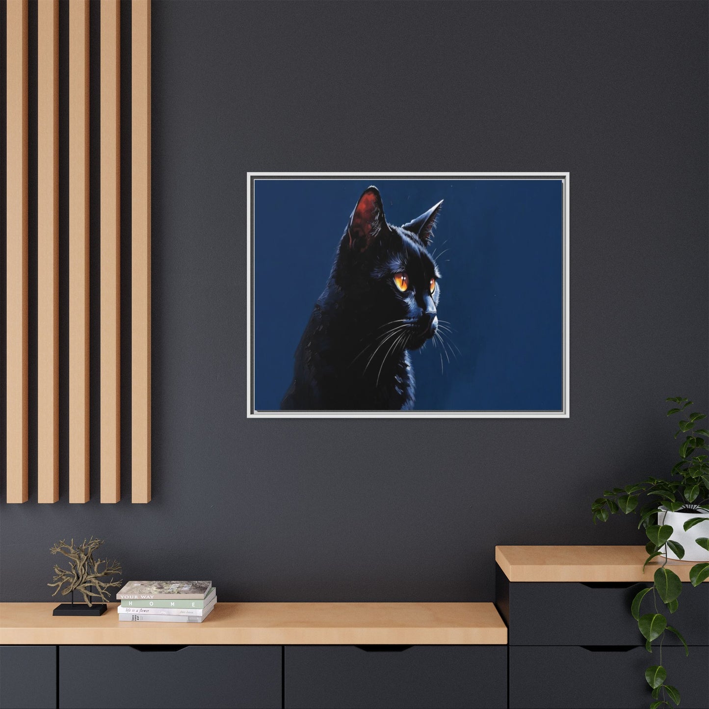 Black Cat Portrait Matte Canvas Framed Wall Art — Dramatic Feline Photo Print