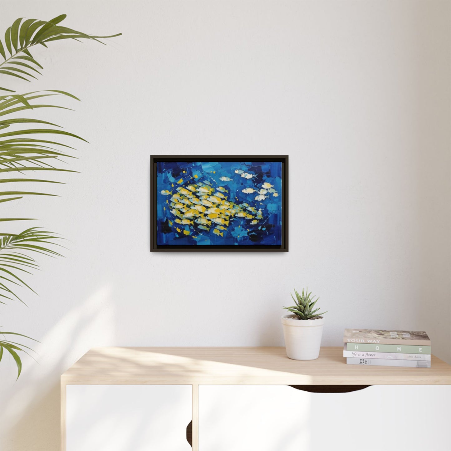 Framed Matte Canvas: Blue School of Fish Wall Art