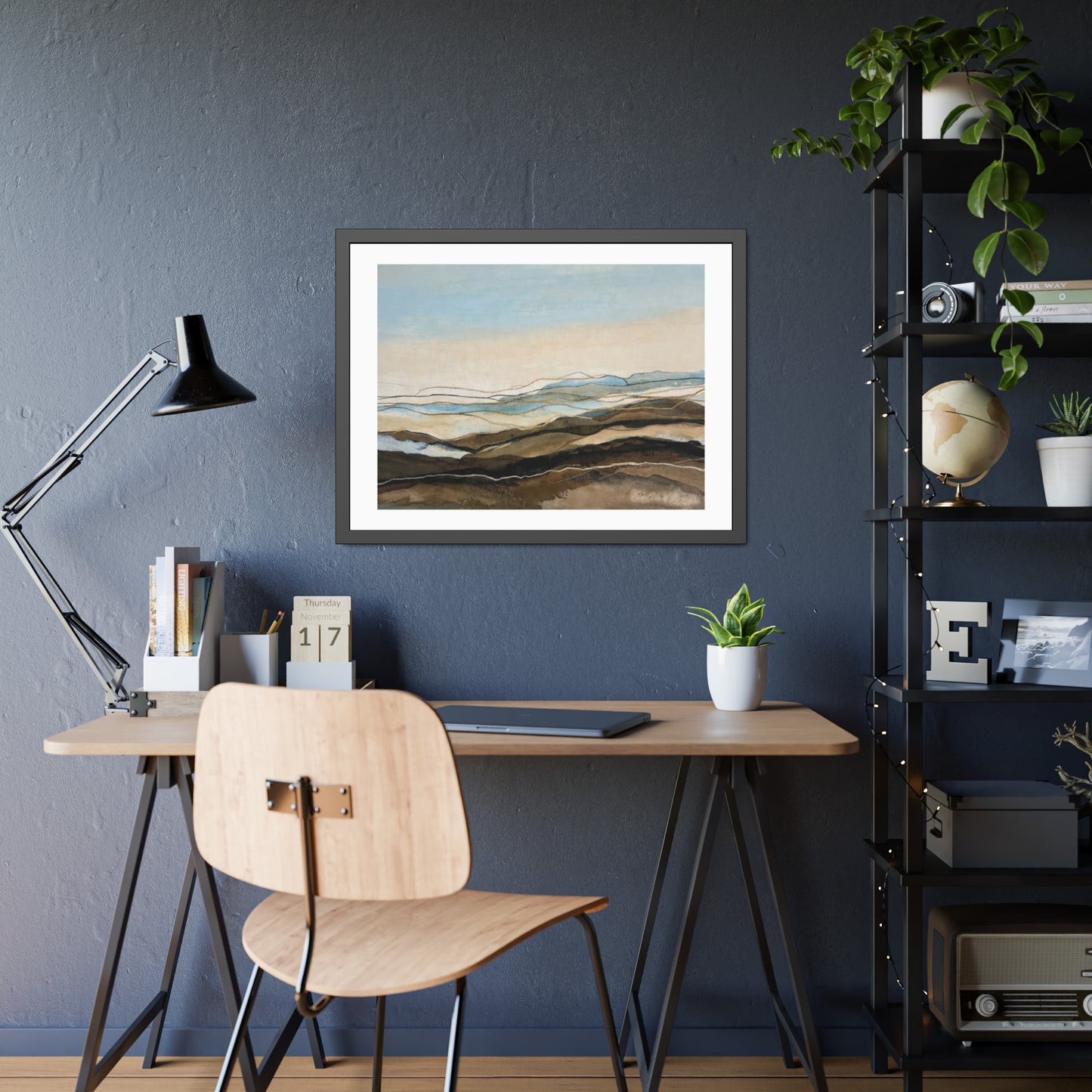 Coastal Abstract Landscape Framed Poster — Serene Blue & Earthtone Wall Art