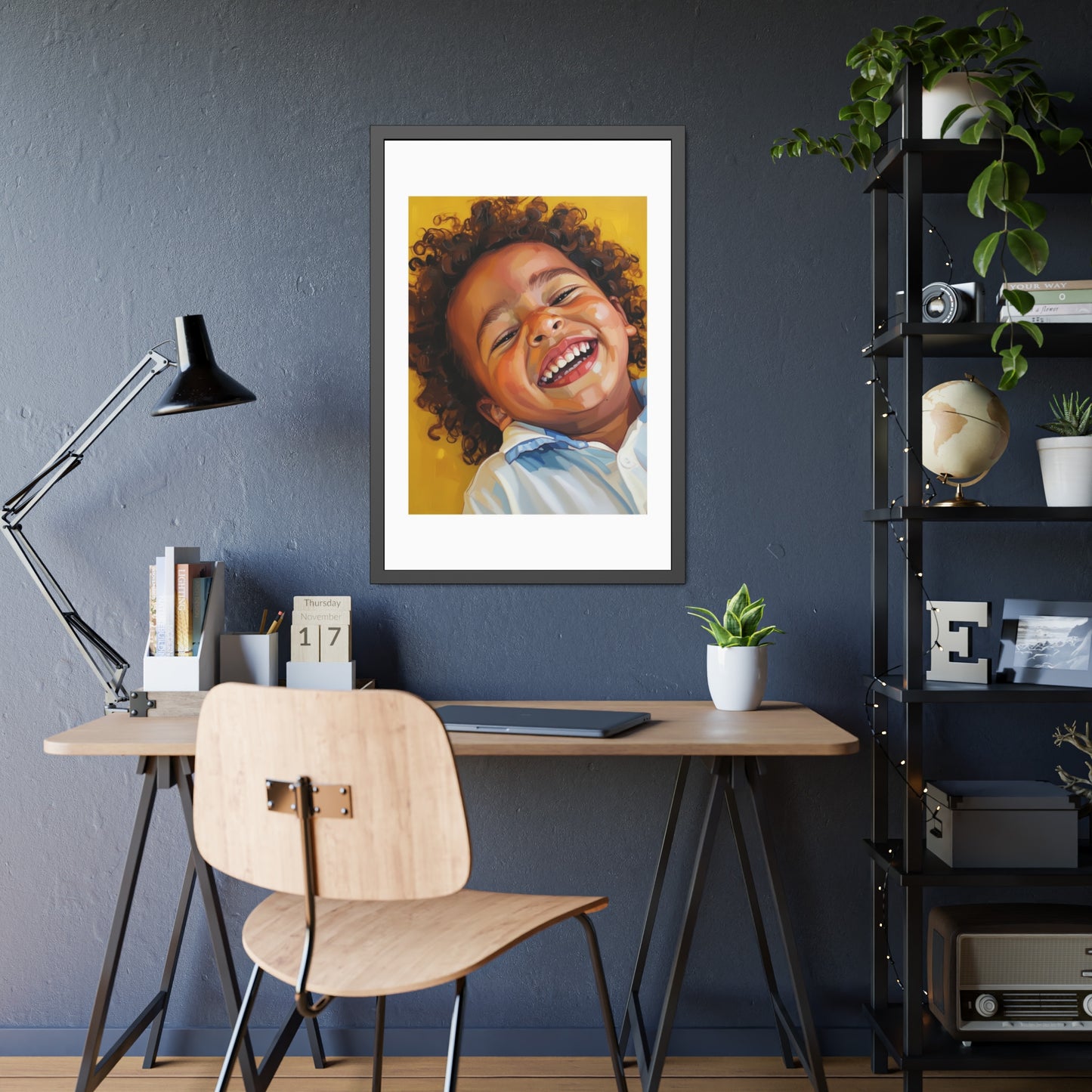 Framed Poster — Joyful Laughing Child Portrait, Colorful Nursery Wall Art