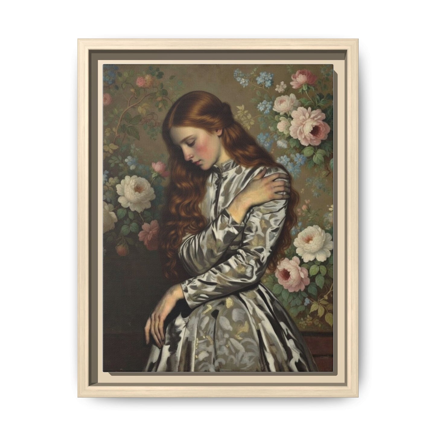 Framed Matte Canvas Art — Vintage Floral Portrait of a Young Woman