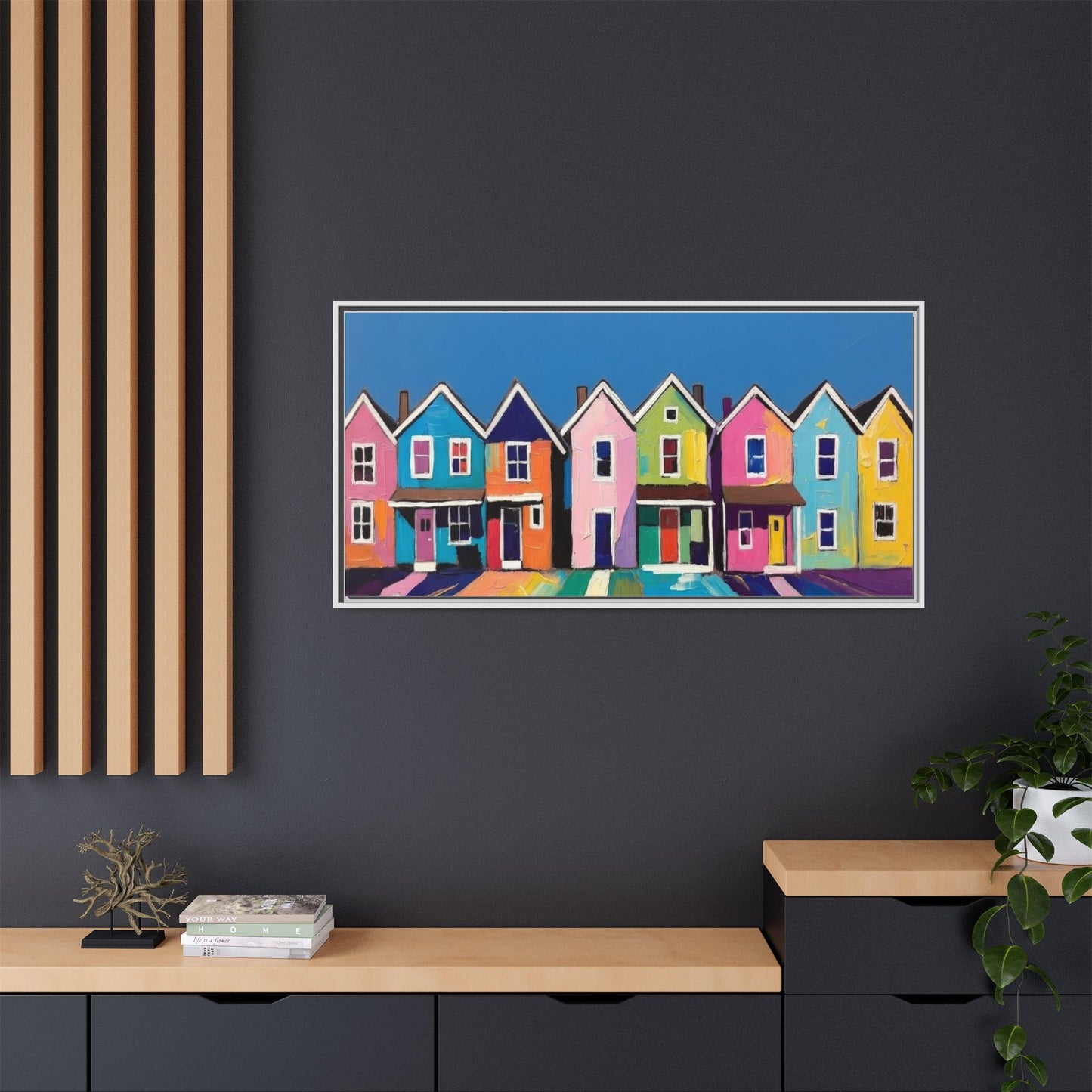 Colorful Beach Houses Matte Canvas Framed Wall Art