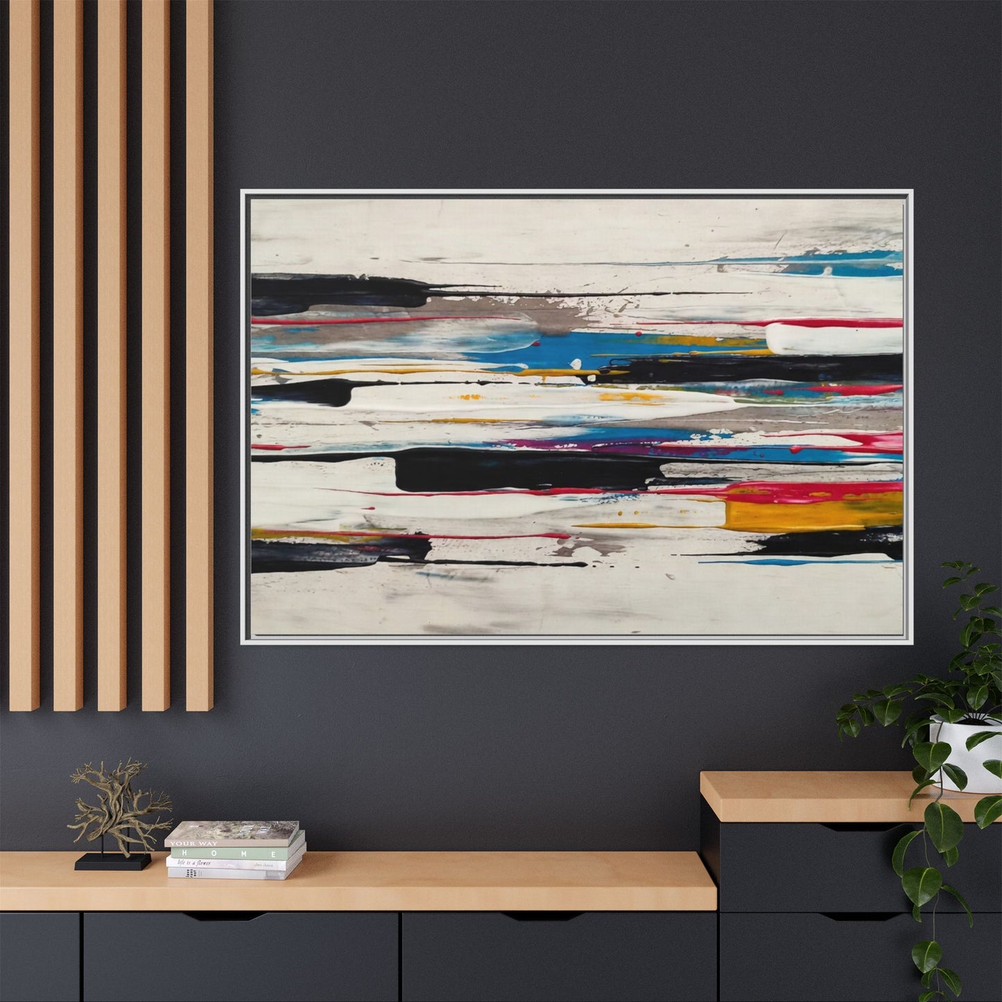 Abstract Multi-Color Framed Canvas Wall Art — Modern Horizontal Brushstroke Print