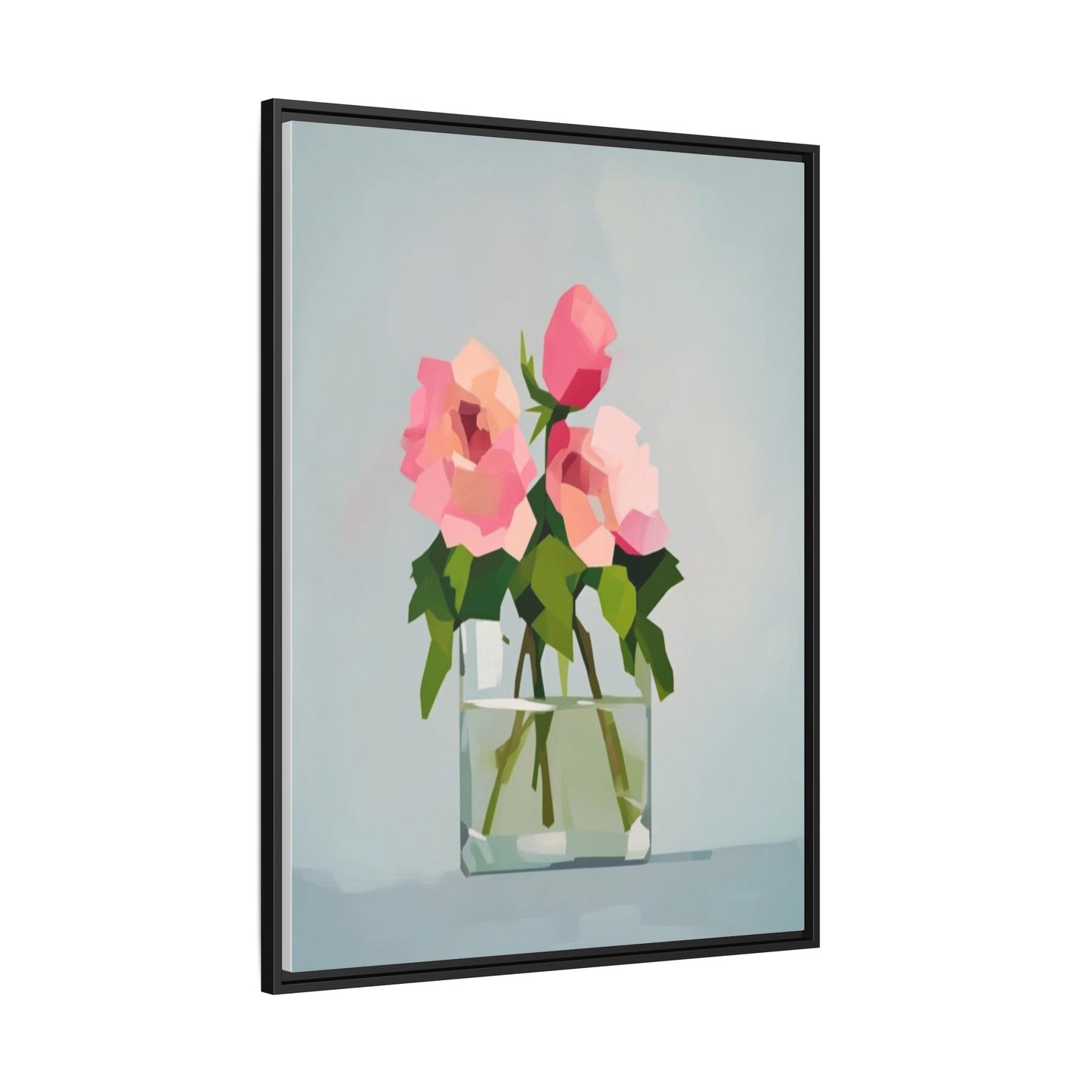 Framed Floral Canvas Print — Pink Roses in Glass Vase (Matte)