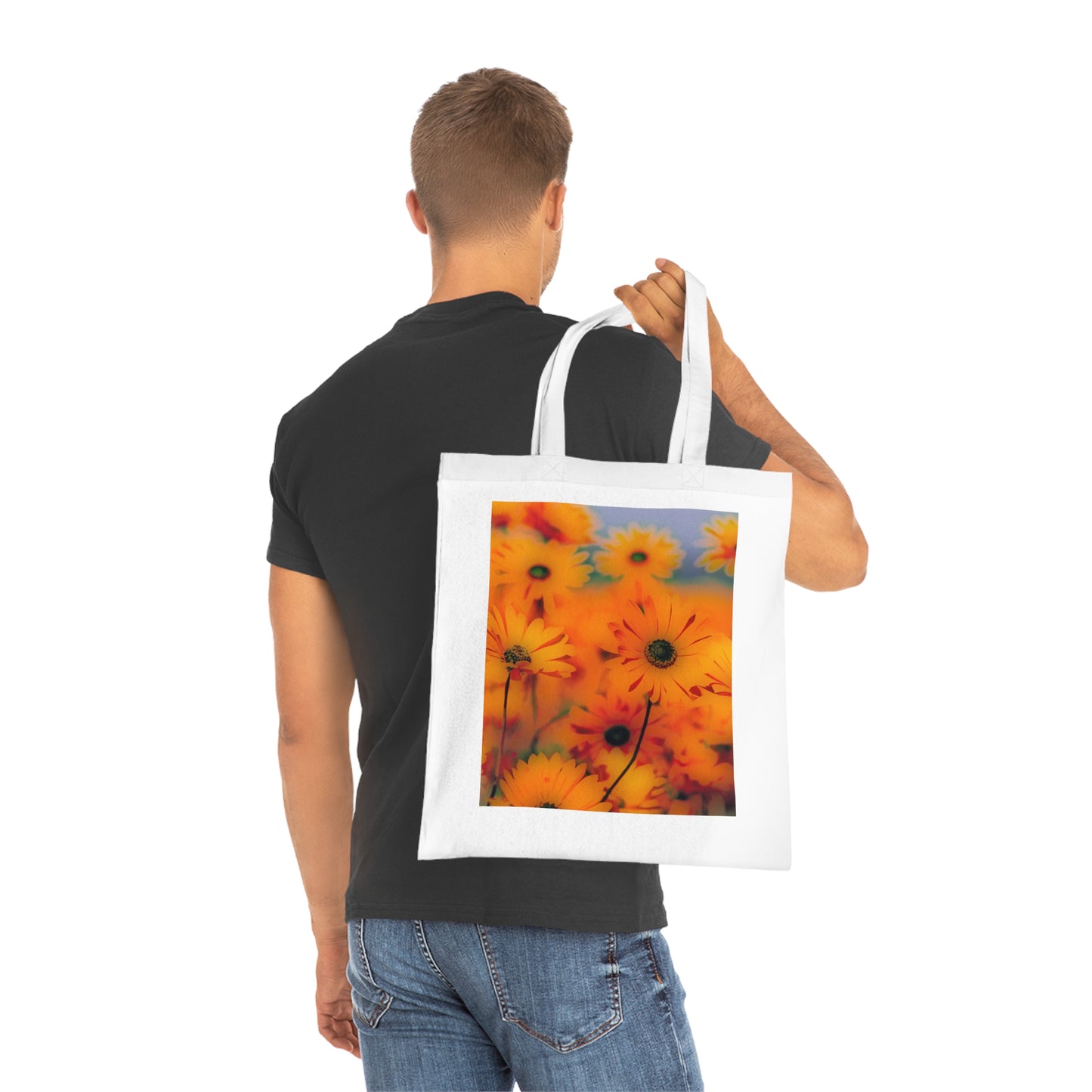 Floral Sunburst Cotton Tote — Bright Orange Daisy Print