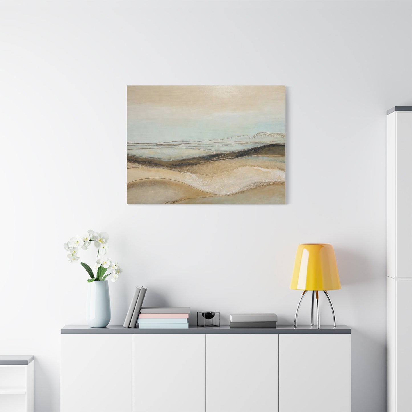 Abstract Coastal Landscape Matte Canvas Wall Art — Neutral Beach Waves Stretched Canvas