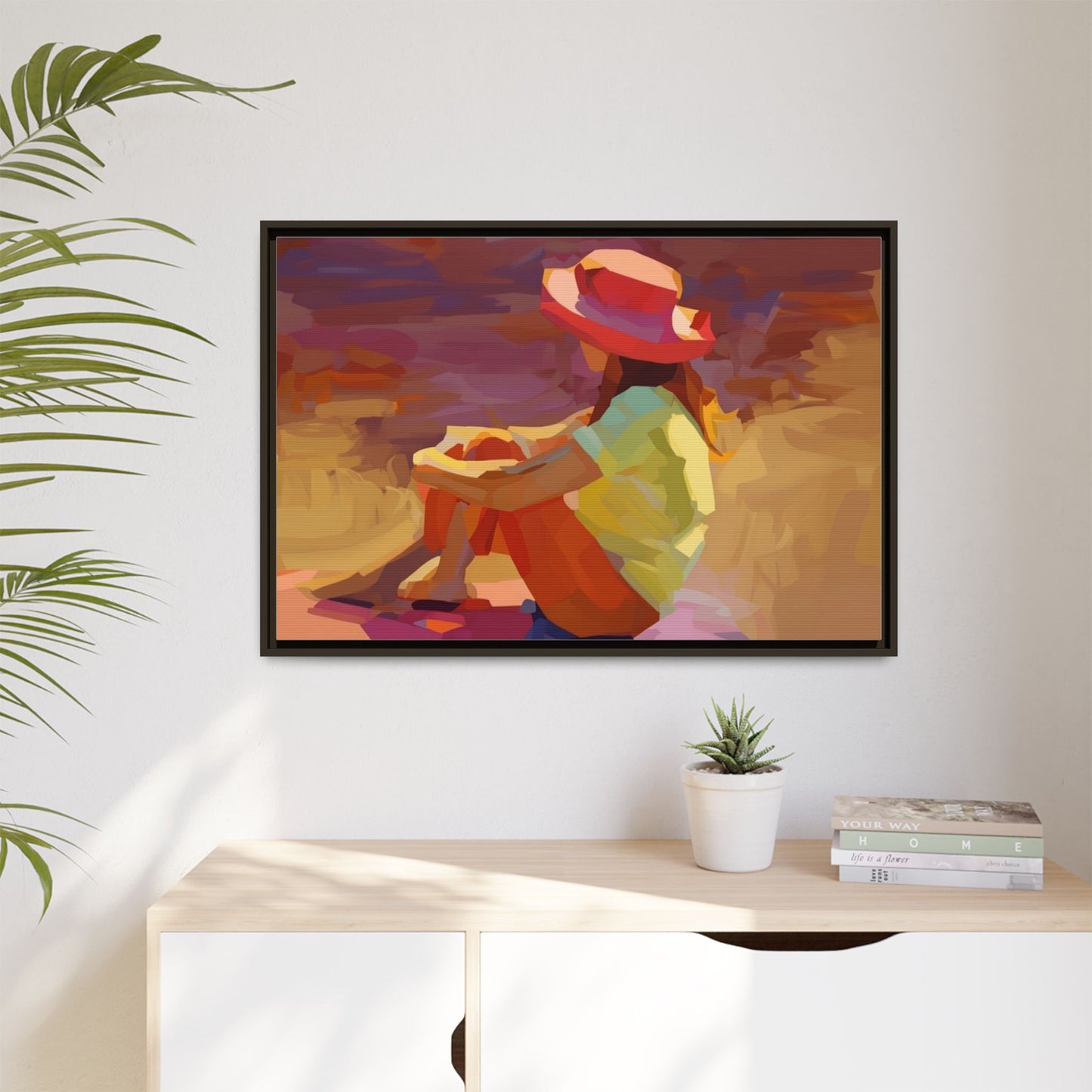 Framed Matte Canvas — Colorful Seated Girl Beach Art
