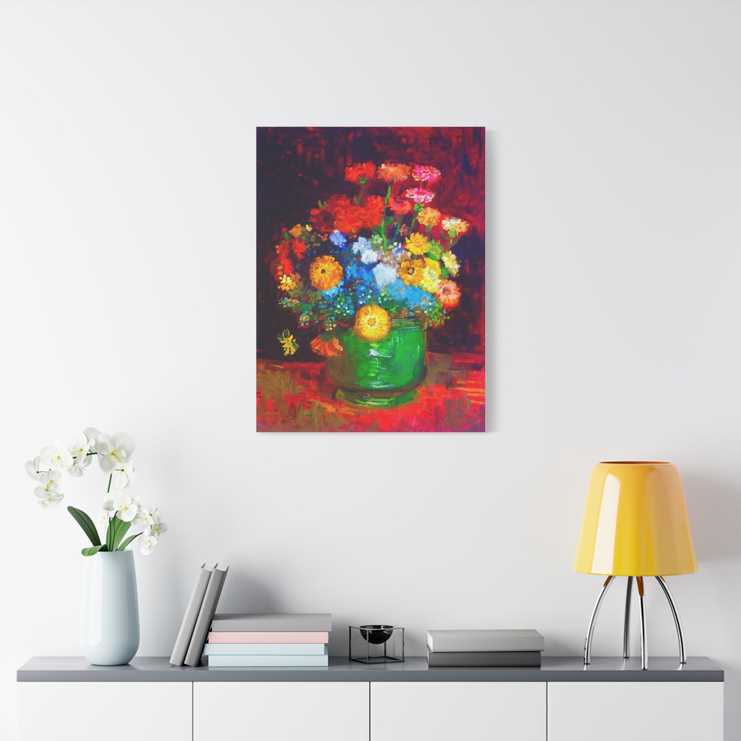 Floral Still Life Canvas Print — Vibrant Bouquet in Green Vase