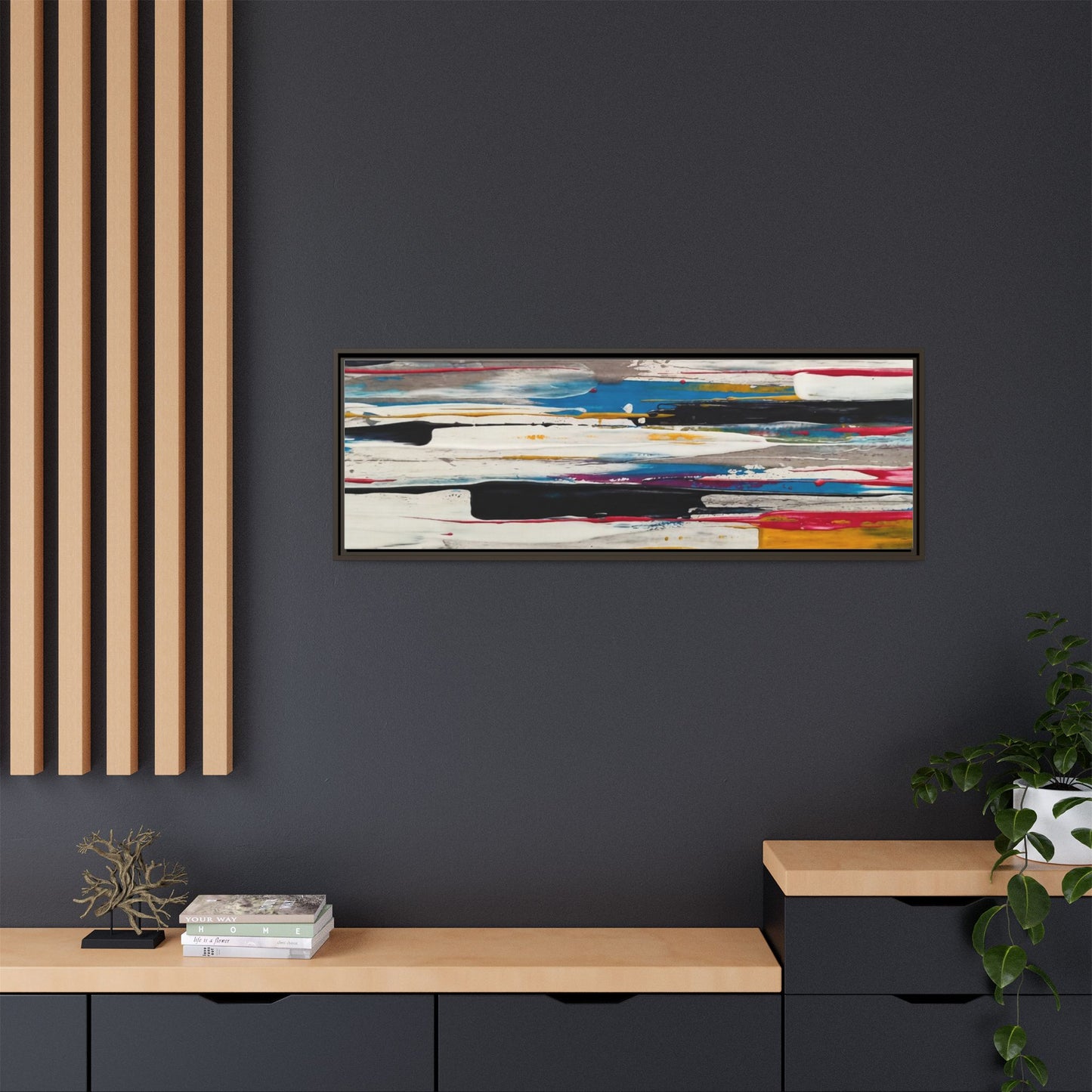 Abstract Multi-Color Framed Canvas Wall Art — Modern Horizontal Brushstroke Print