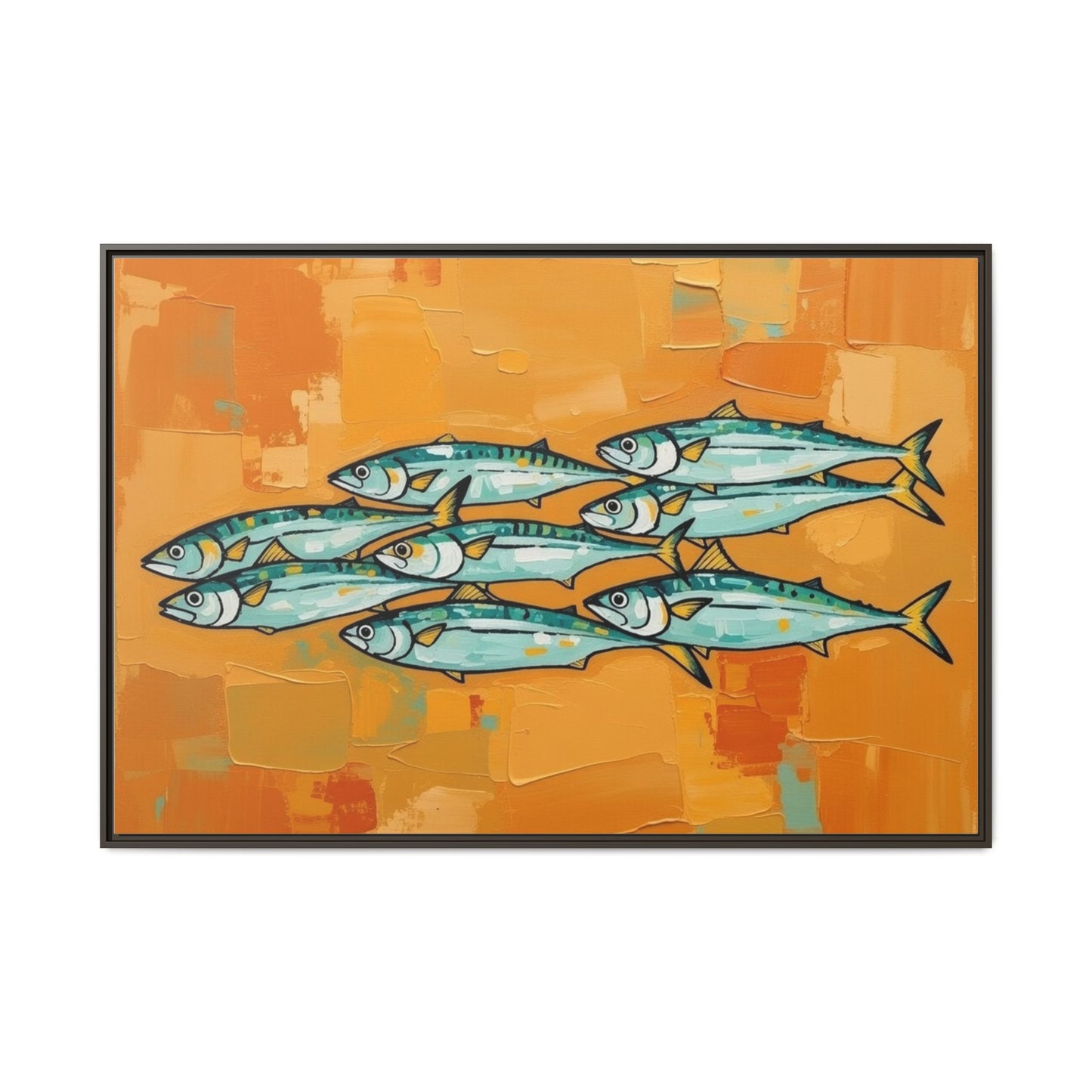 Framed Matte Canvas Print — School of Blue Fish on Orange Abstract Background