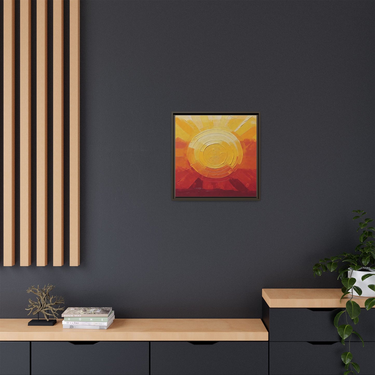Sunburst Abstract Framed Canvas Art — Matte Multi‑Color Wall Print