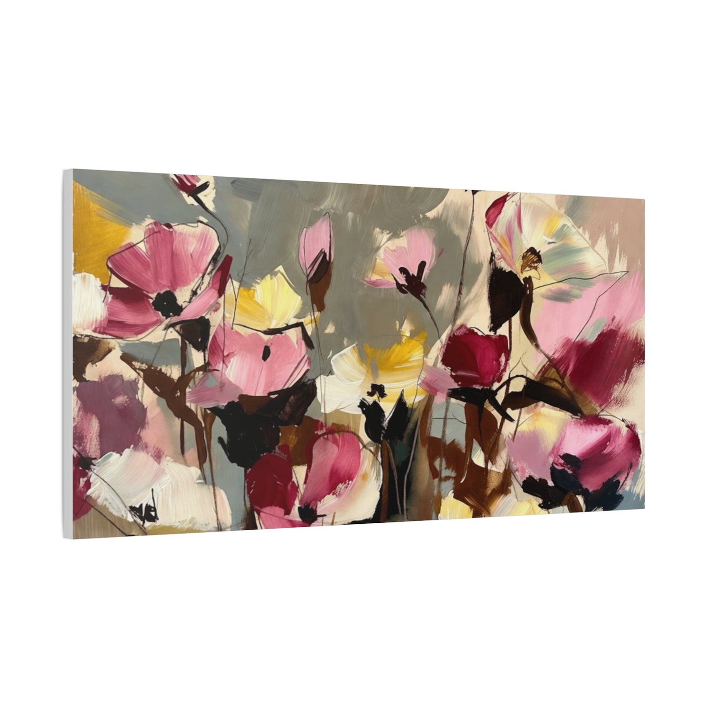Floral Abstract Canvas Wall Art — Pink & Yellow Bloom Stretched Matte Print