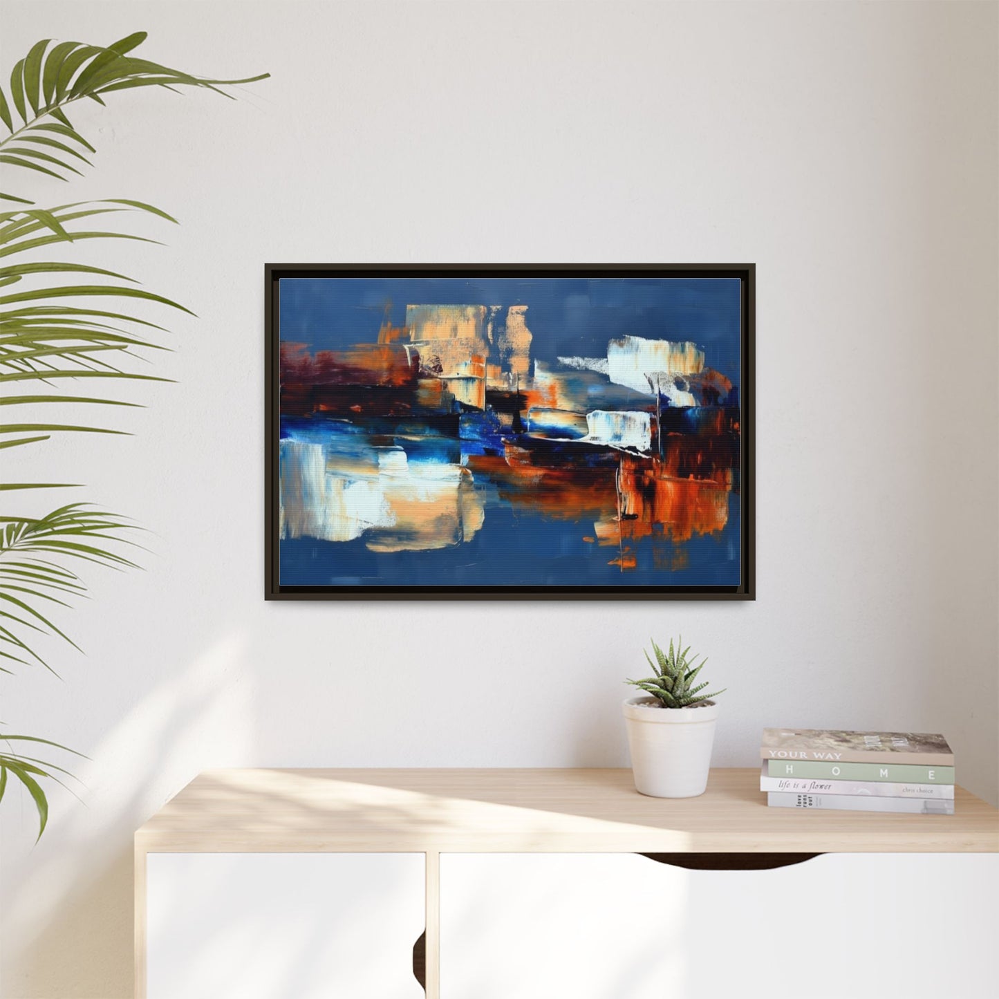 Abstract Blue & Rust Framed Canvas Art — Modern Matte Wall Painting