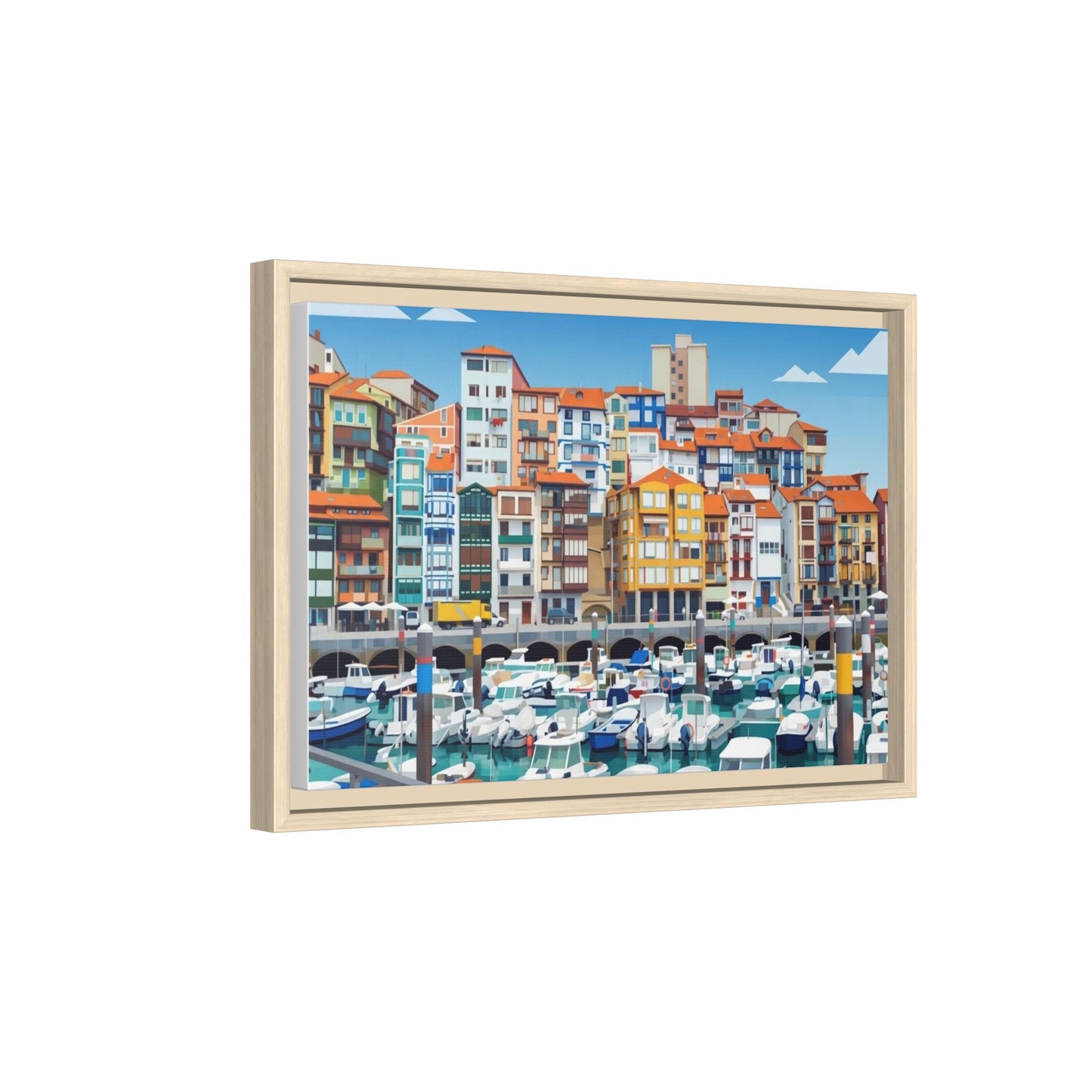 Framed Matte Canvas Print — Colorful Mediterranean Harbor Illustration