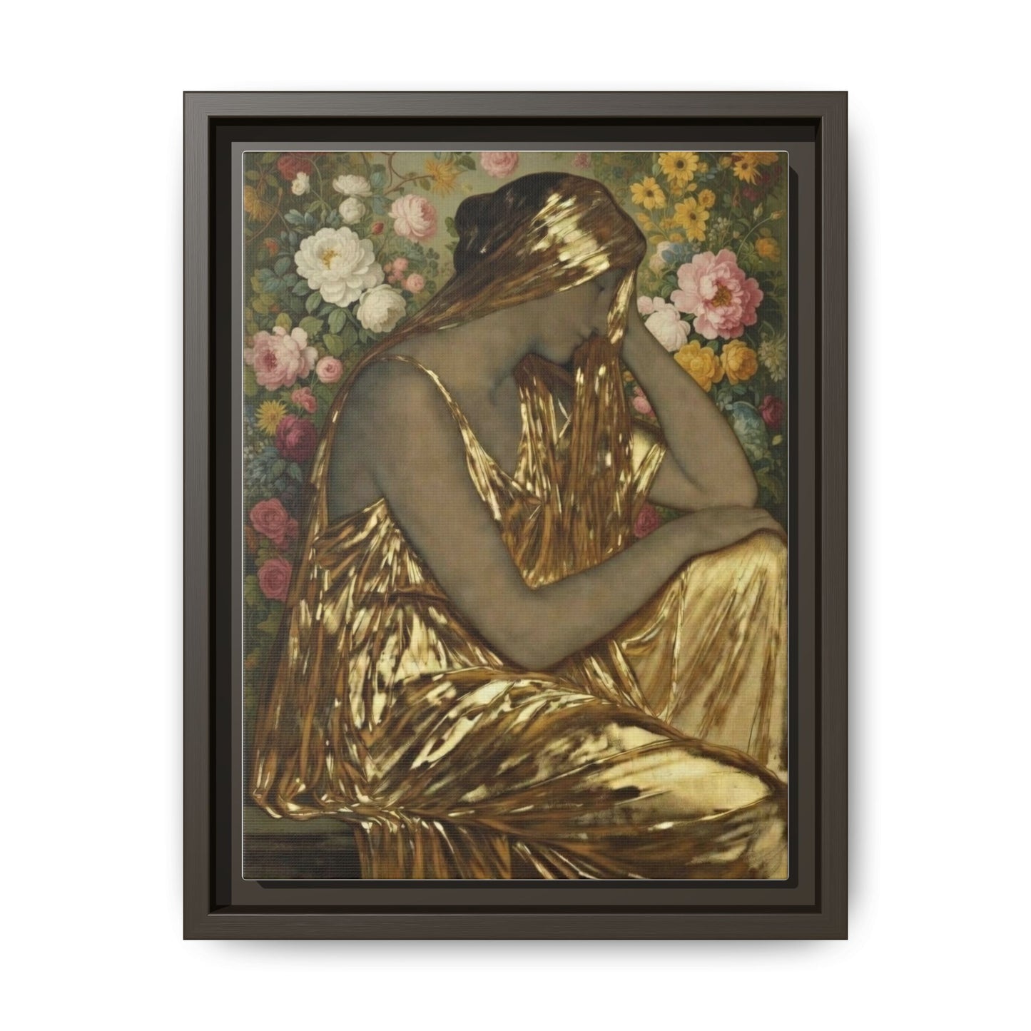 Framed Canvas Art Print — Golden Muse Woman with Floral Background