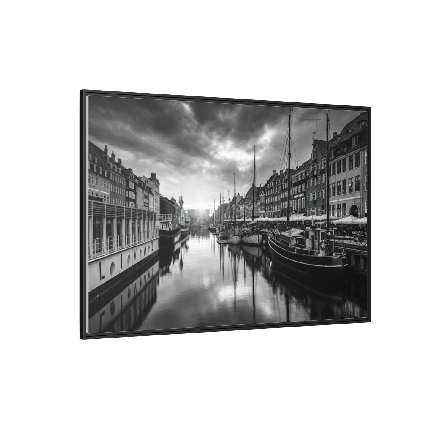 Framed Matte Canvas: Black & White Dutch Canal Photography Wall Art