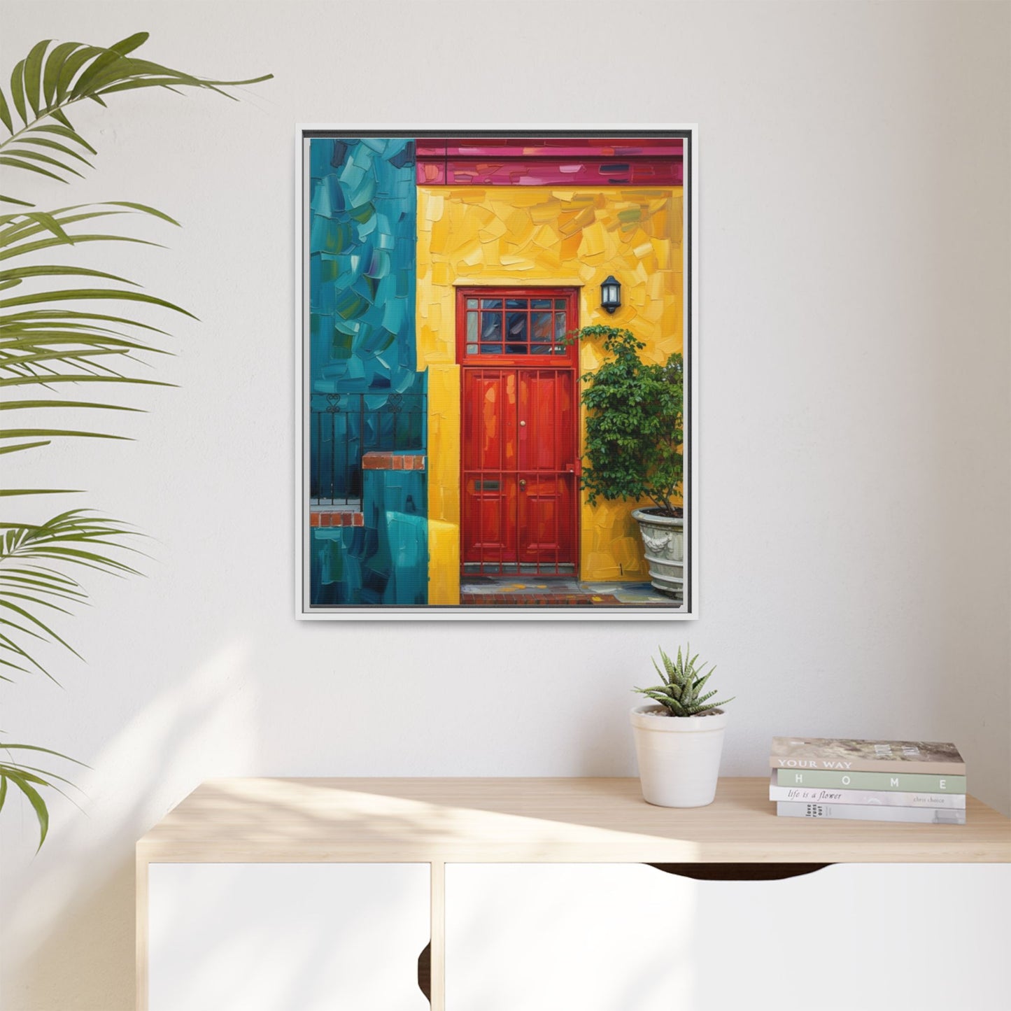 Framed Matte Canvas Wall Art — Colorful Red Door on Yellow Facade