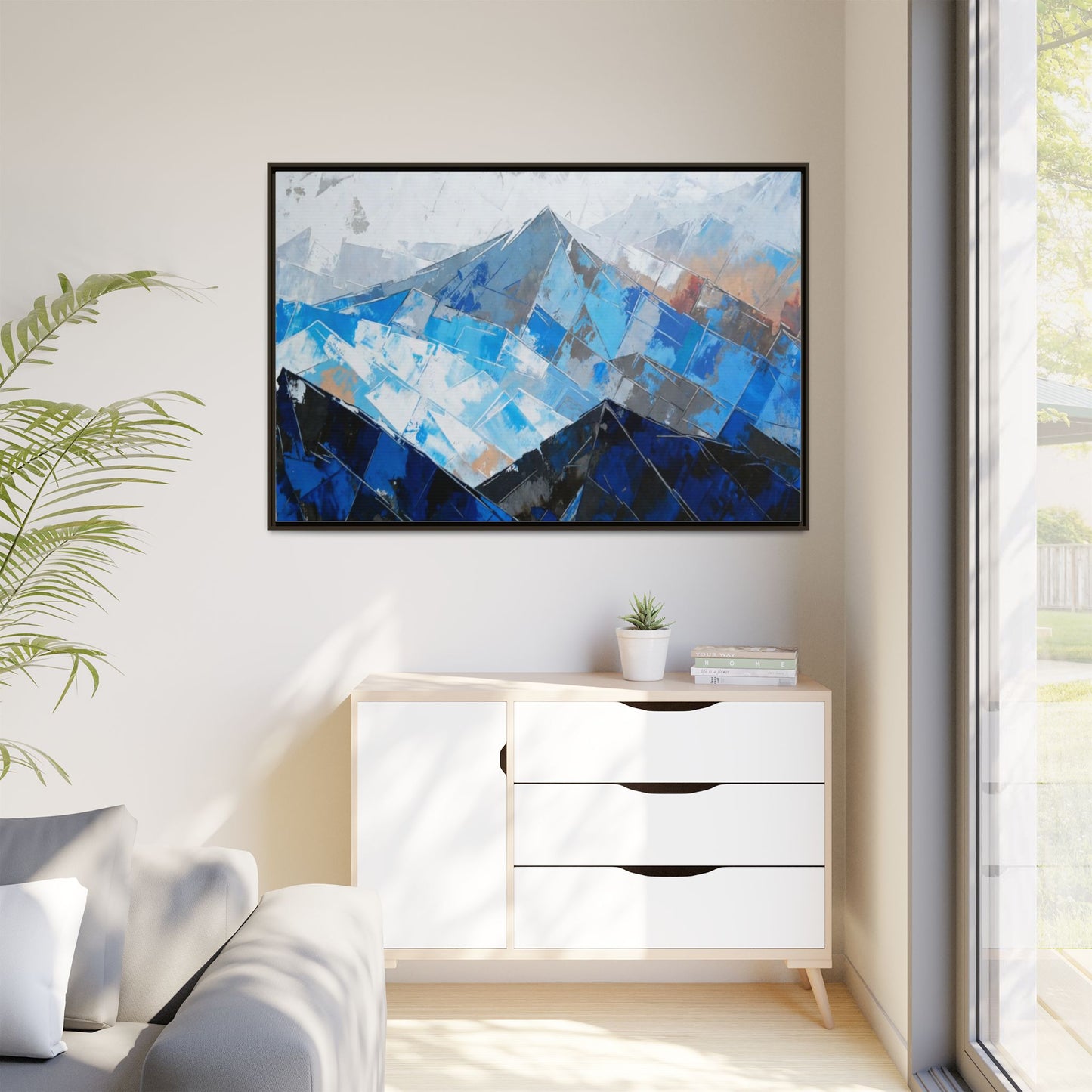 Framed Matte Canvas Blue Mountain Abstract Wall Art