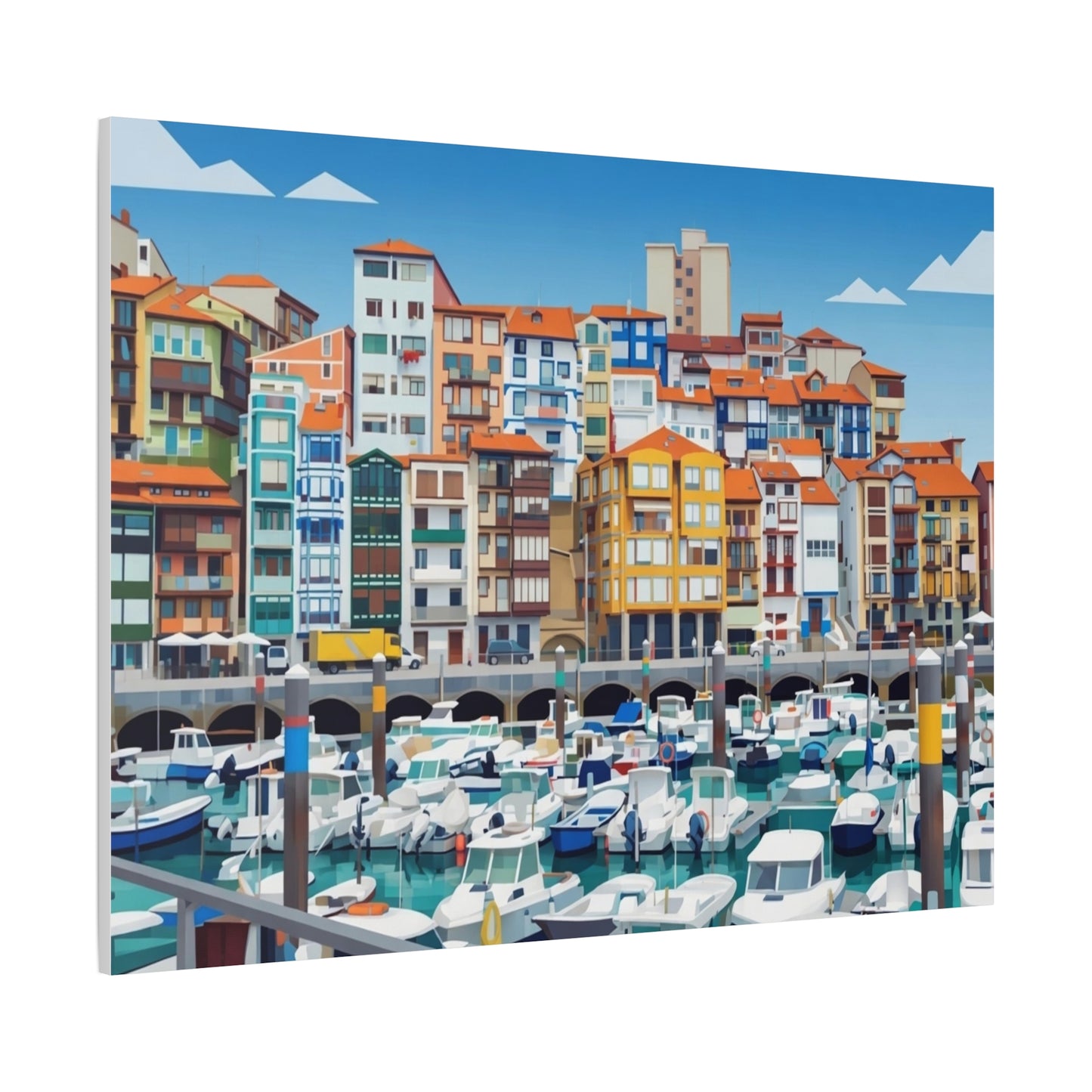 Colorful Coastal Harbor Matte Canvas Print — Stretched Wall Art
