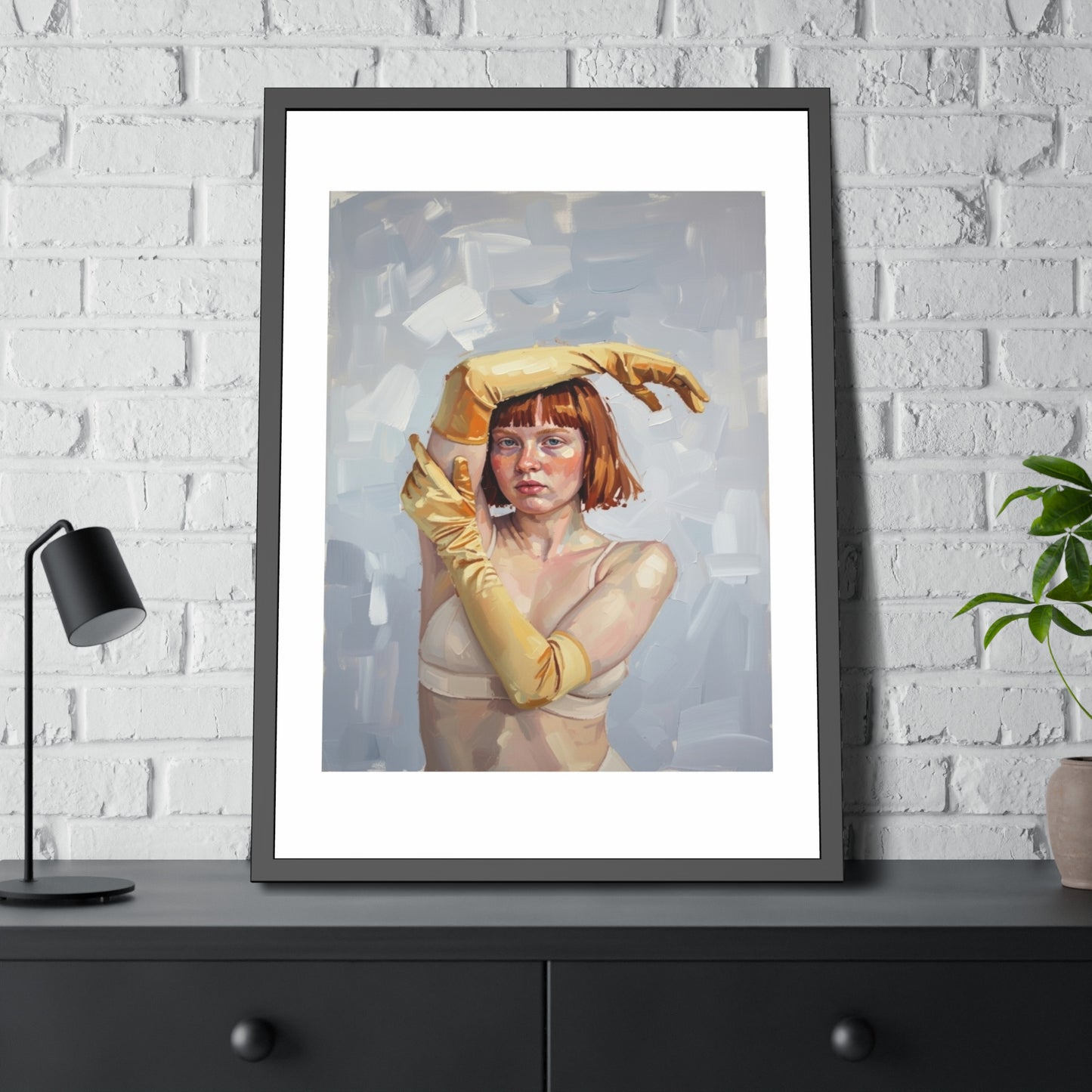 Framed Art Print — Portrait of Woman in Yellow Gloves (Modern Figurative Wall Art)