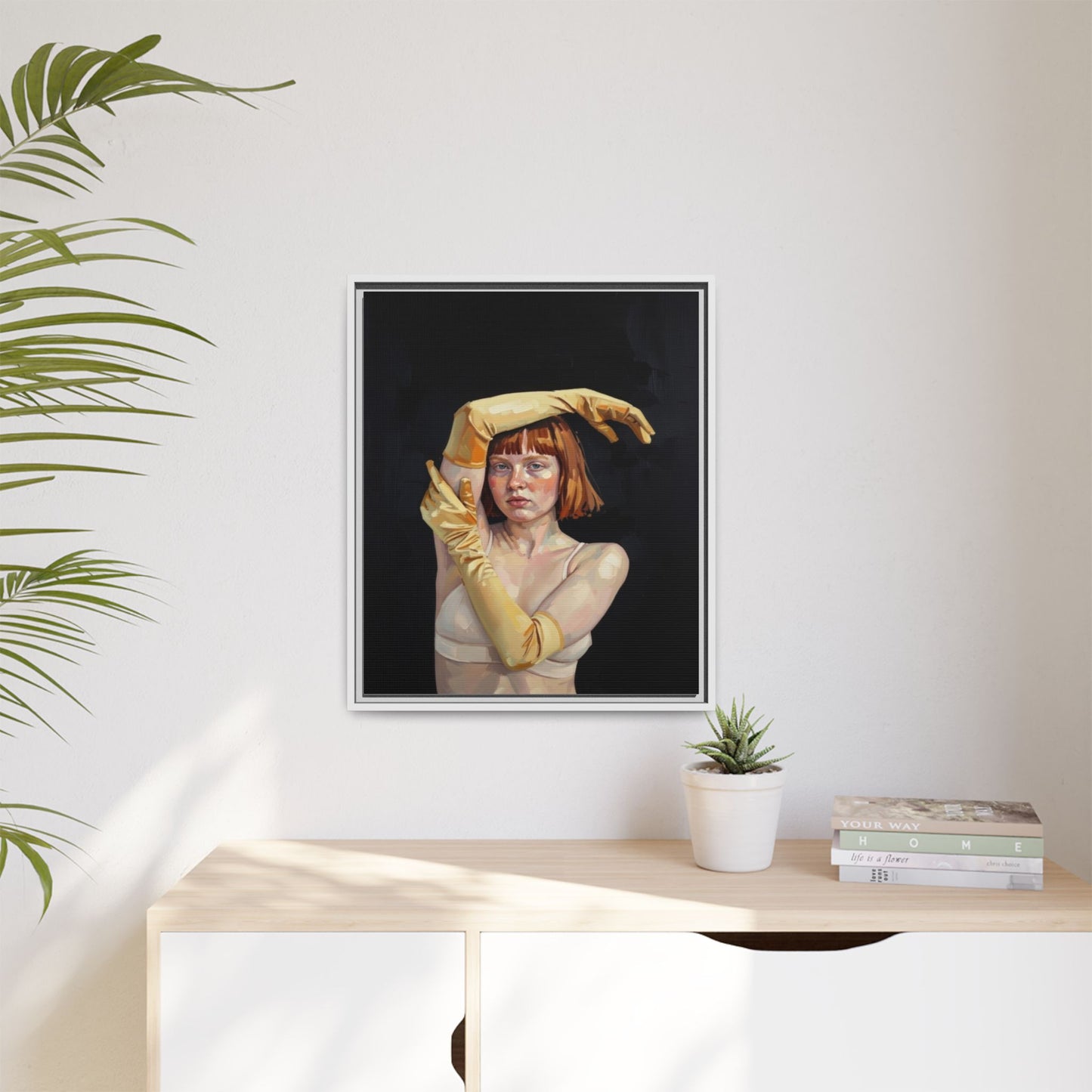 Framed Matte Canvas Art – Portrait of Woman in Yellow Gloves