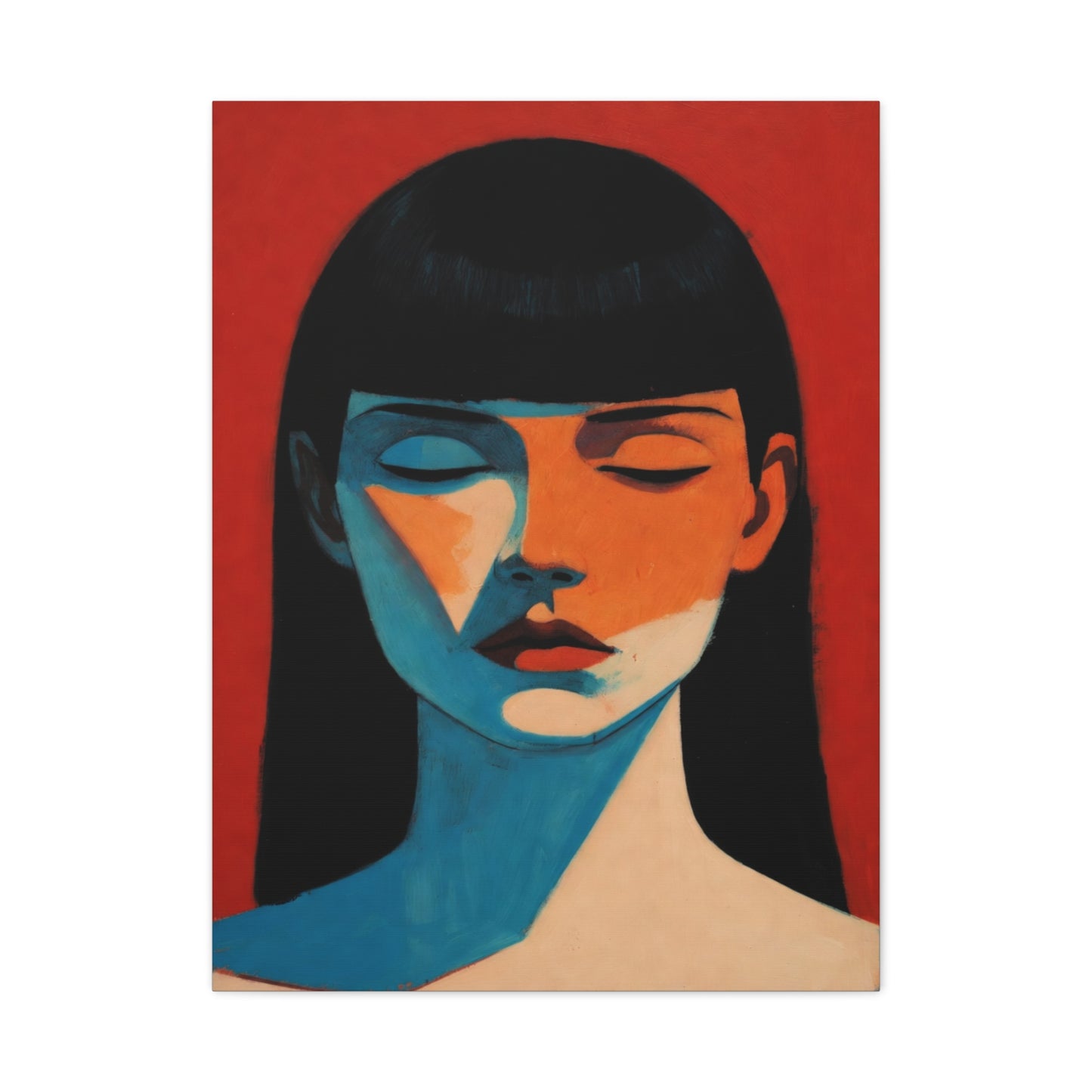 Portrait Canvas Wall Art — Modern Minimalist Woman in Red & Blue