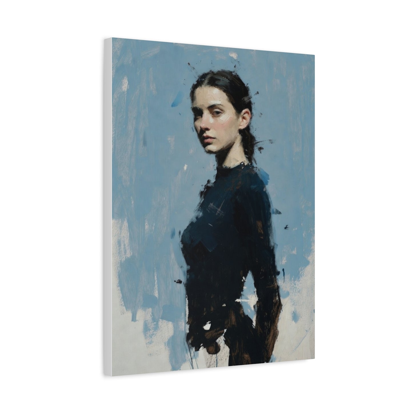 Matte Stretched Canvas Print — Portrait of a Young Woman, Moody Blue Figurative Art