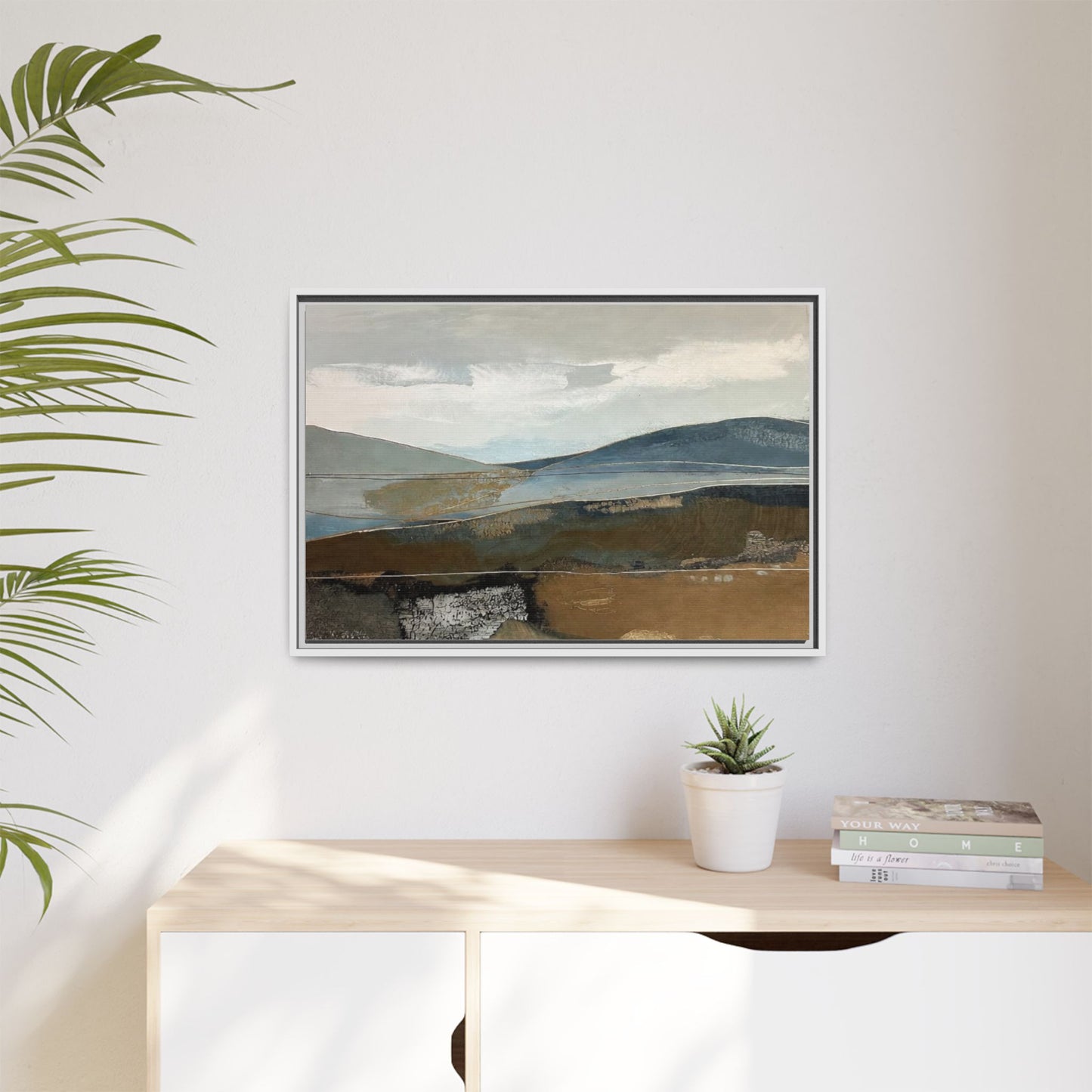 Framed Matte Canvas Landscape Art - Serene Abstract Hills in Blue & Earth Tones