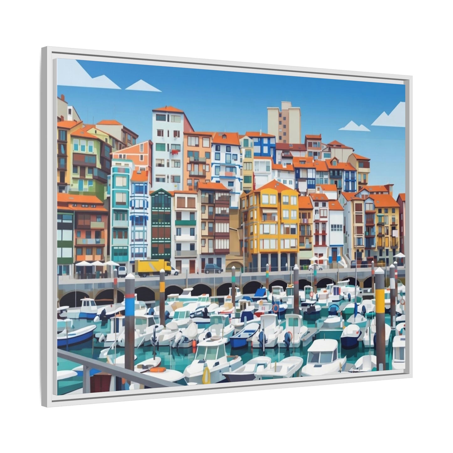 Framed Matte Canvas Print — Colorful Mediterranean Harbor Illustration