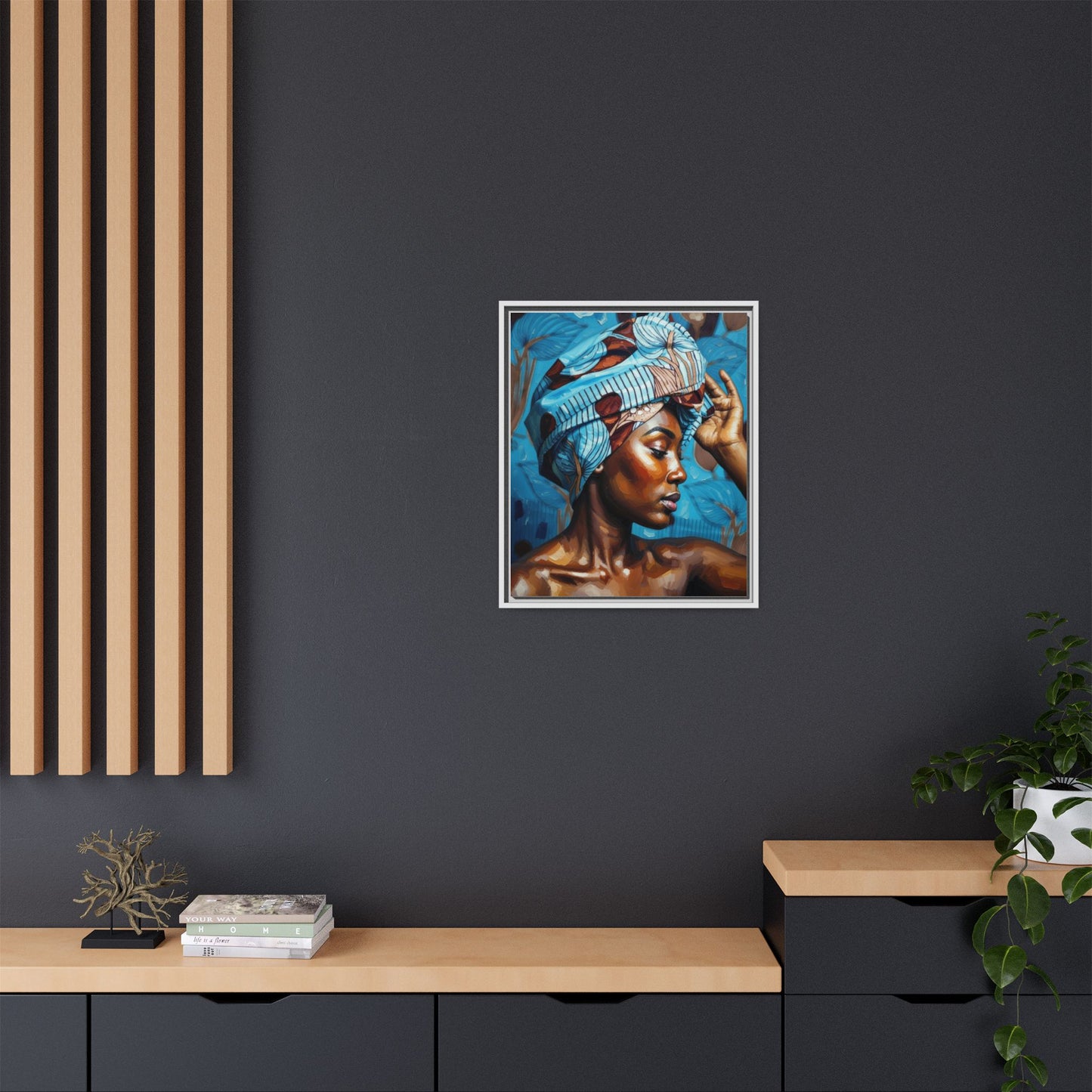 Framed Canvas Art — Portrait of Woman in Blue Headwrap