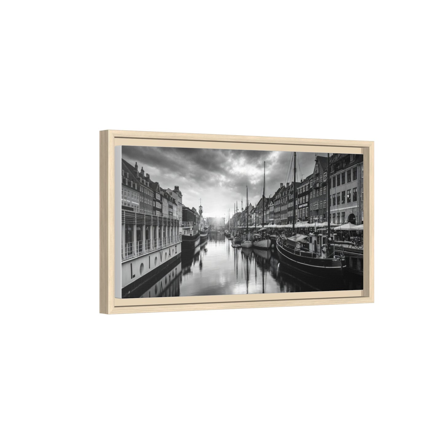 Framed Matte Canvas: Black & White Dutch Canal Photography Wall Art